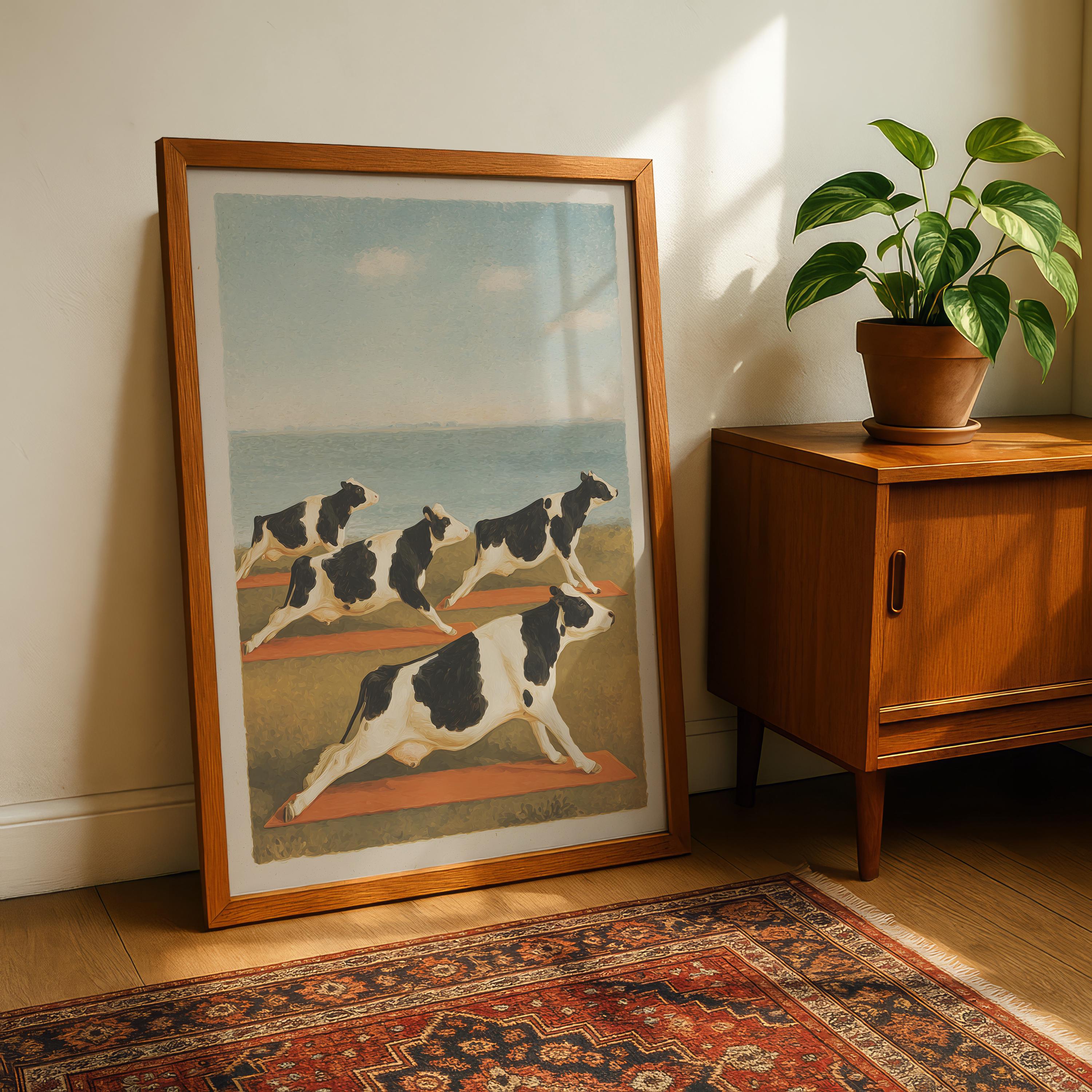 Funny Cow Yoga Wall Art Print – Farmhouse Yoga Decor Gift for Yoga Lovers