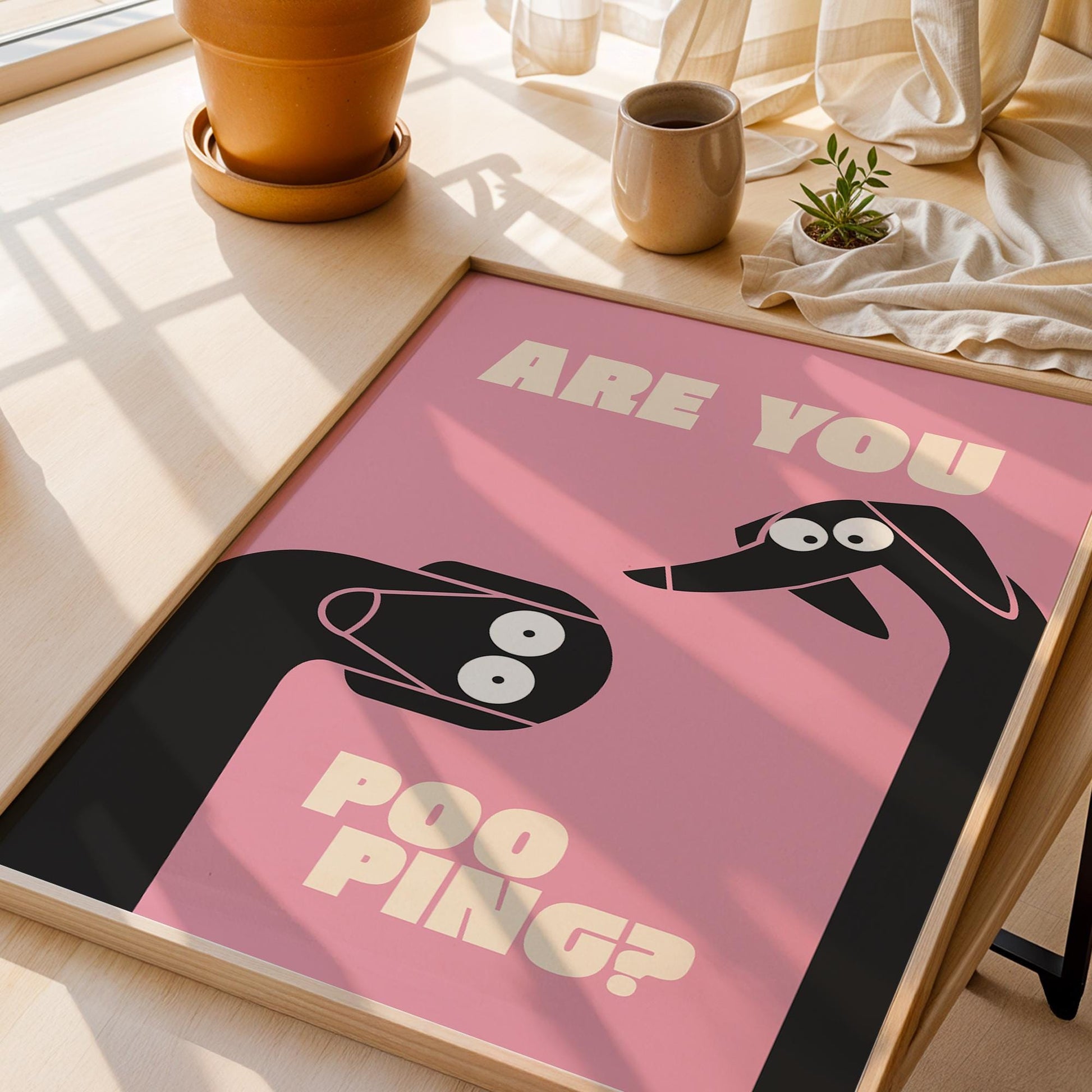 Funny Dog Bathroom Wall Art Print – “Are You Pooping” Pink Minimal Poster Gift