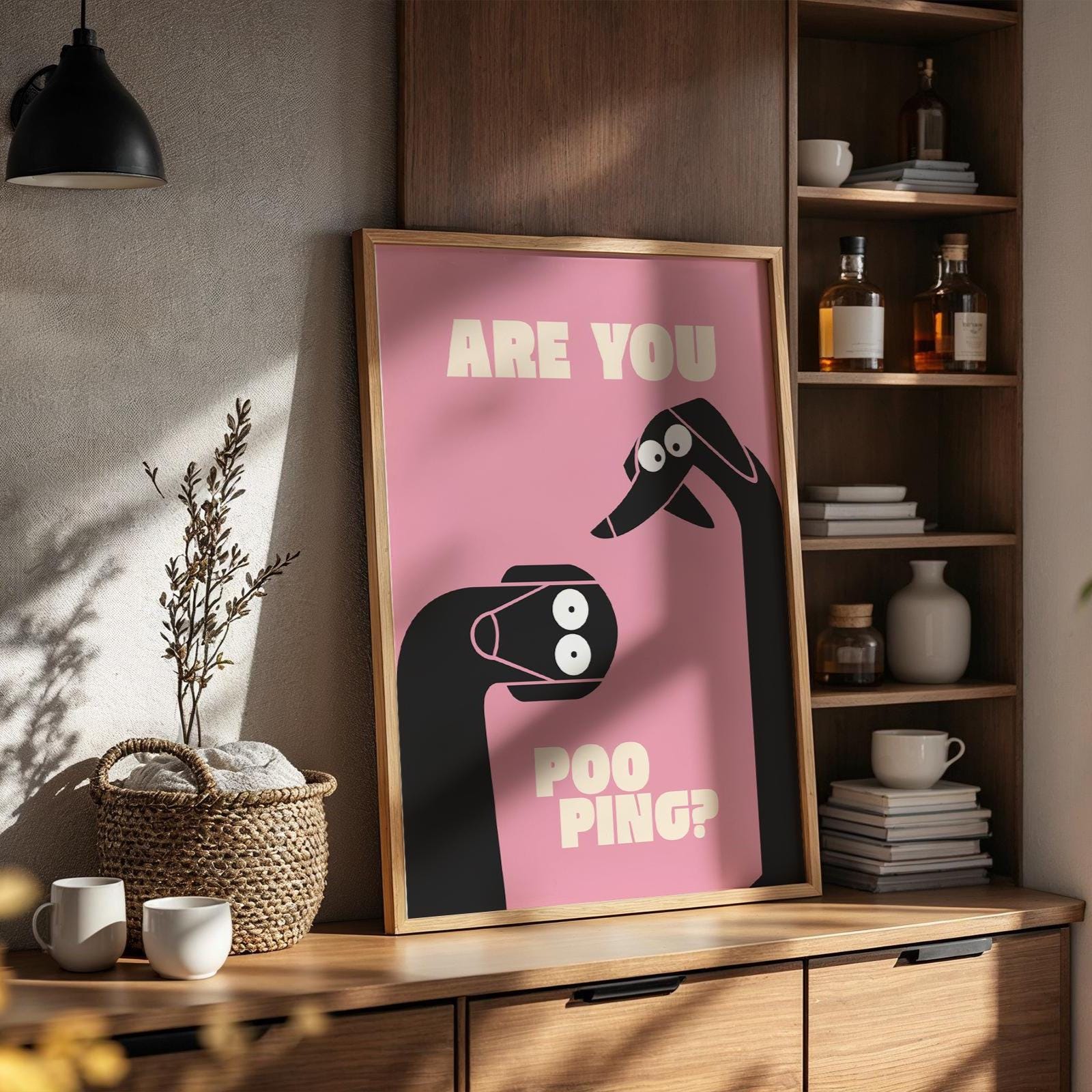 Funny Dog Bathroom Wall Art Print – “Are You Pooping” Pink Minimal Poster Gift