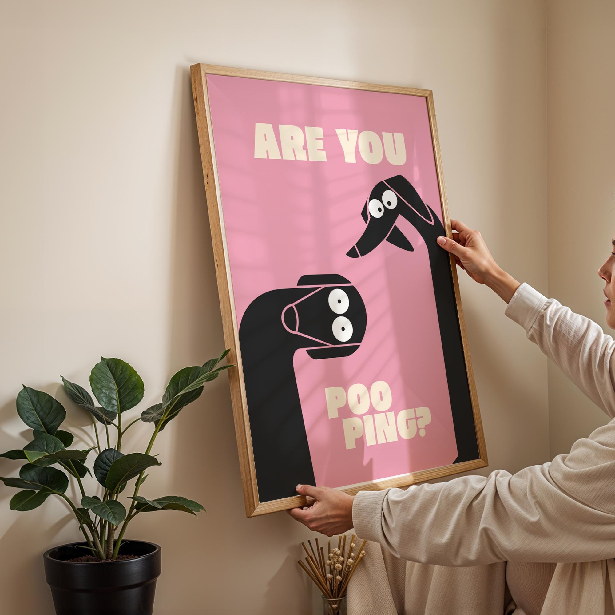 Funny Dog Bathroom Wall Art Print – “Are You Pooping” Pink Minimal Poster Gift