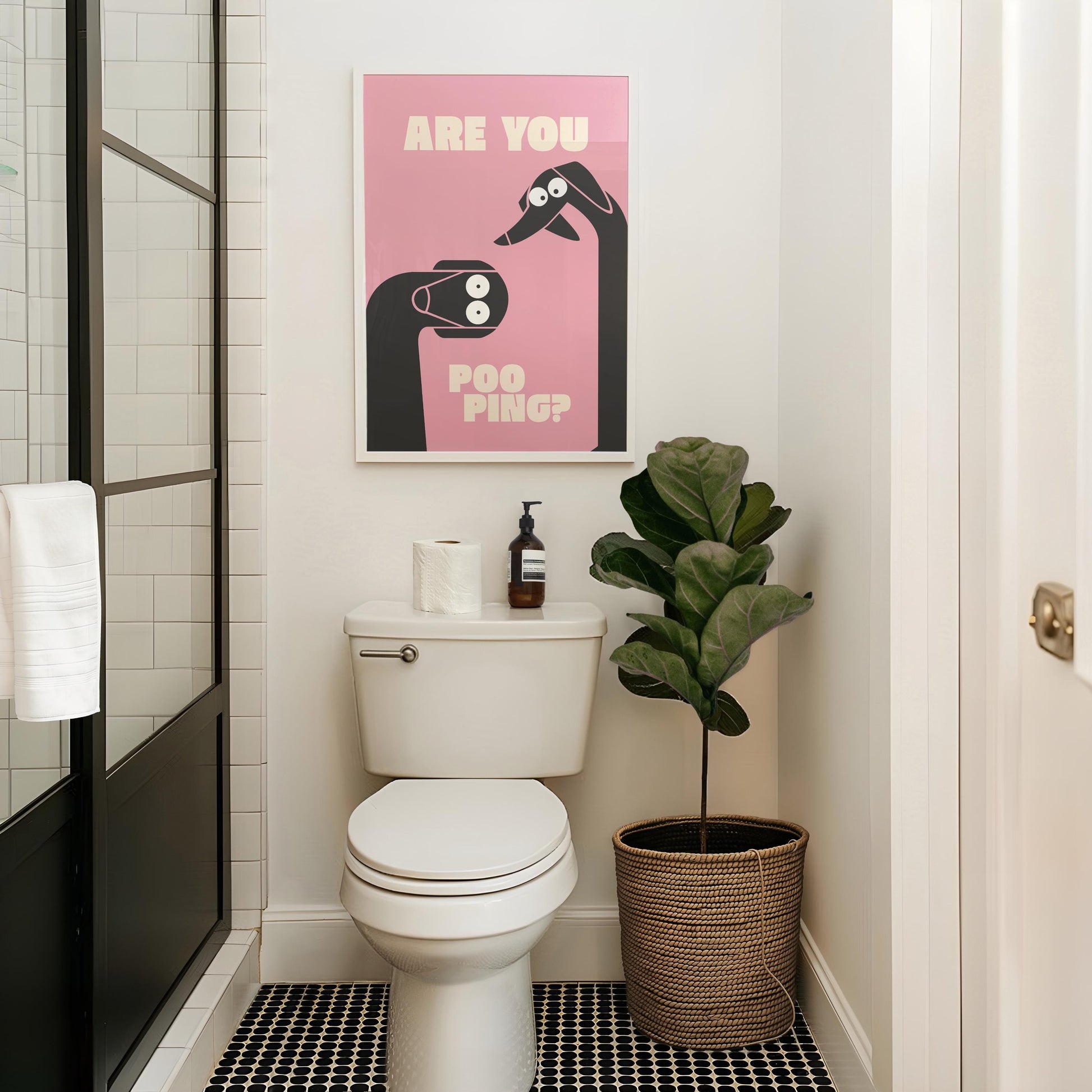 Funny Dog Bathroom Wall Art Print – “Are You Pooping” Pink Minimal Poster Gift