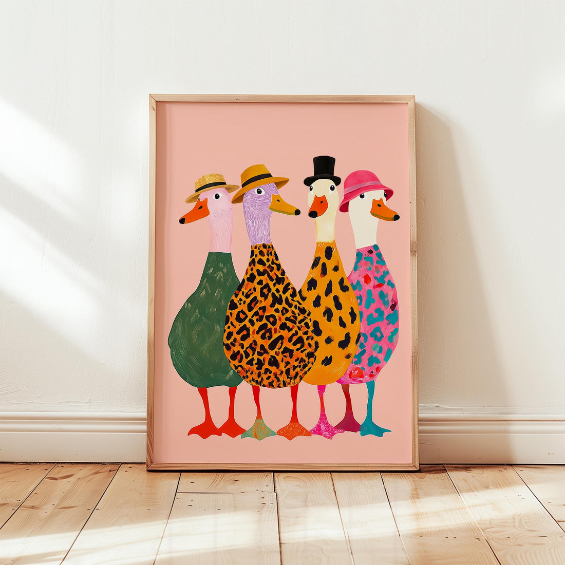 Funny Ducks with Hats Wall Art Print – Colorful Modern Animal Poster Decor