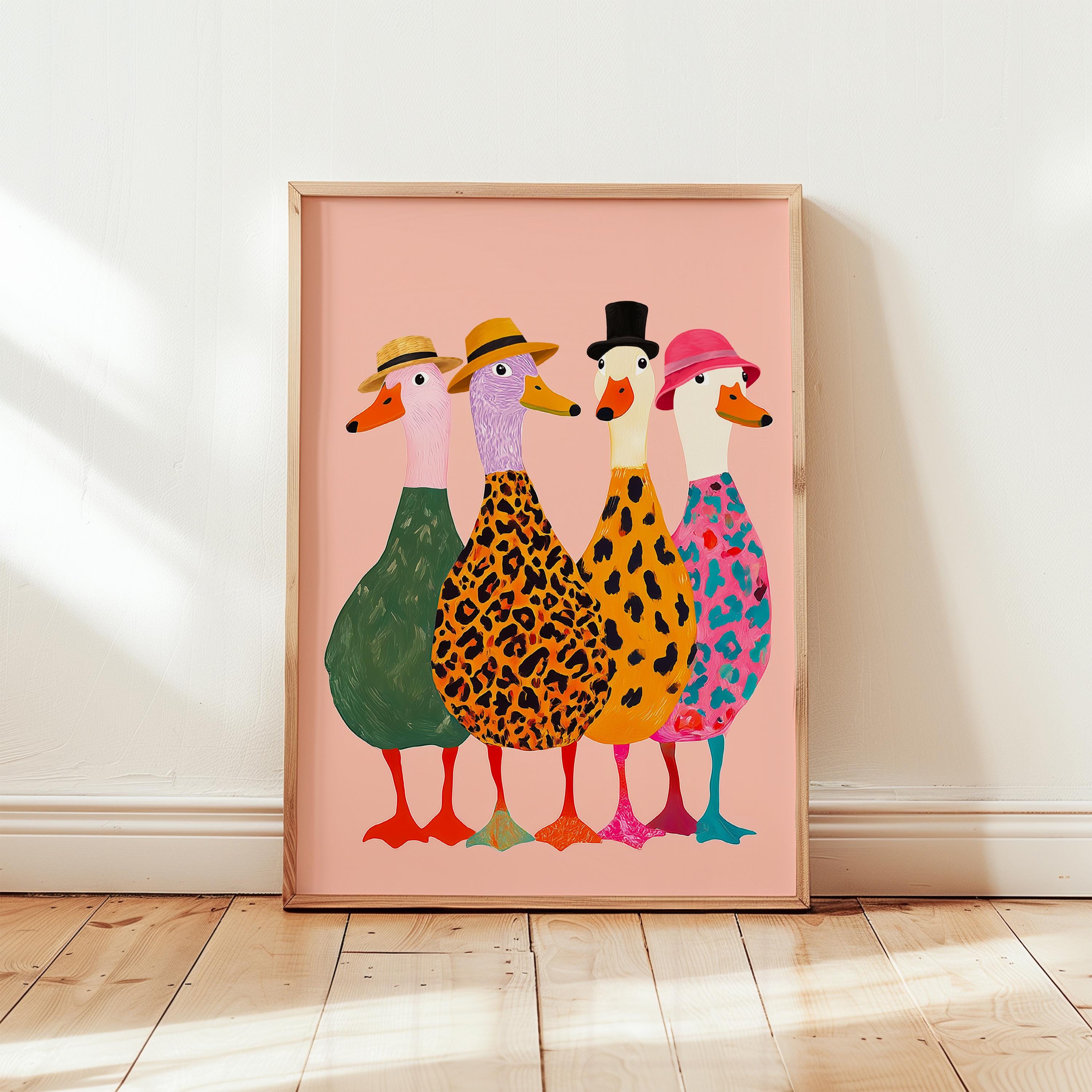 Funny Ducks with Hats Wall Art Print – Colorful Modern Animal Poster Decor