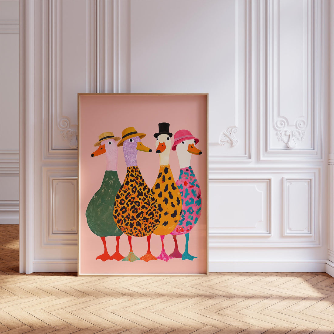 Funny Ducks with Hats Wall Art Print – Colorful Modern Animal Poster Decor