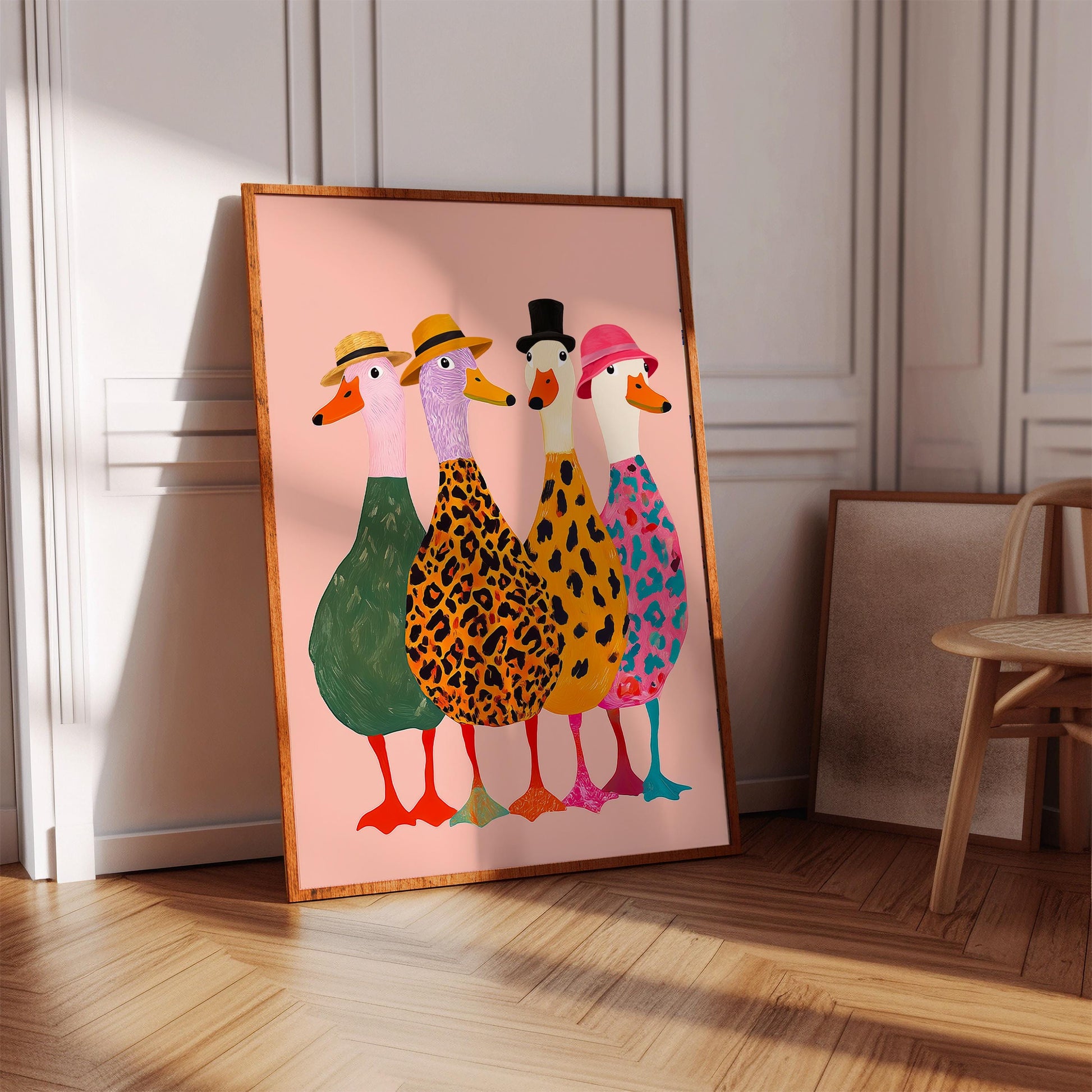 Funny Ducks with Hats Wall Art Print – Colorful Modern Animal Poster Decor