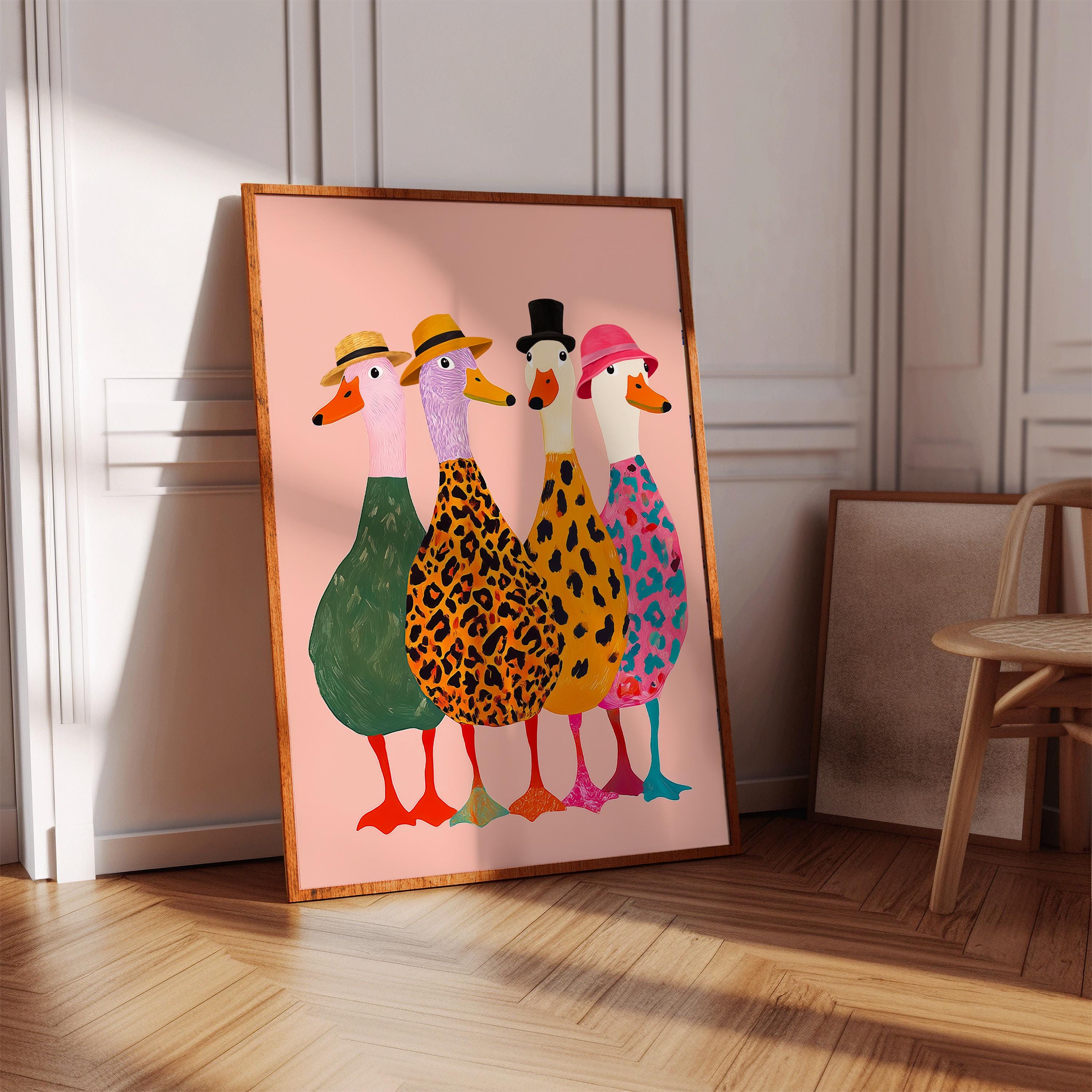 Funny Ducks with Hats Wall Art Print – Colorful Modern Animal Poster Decor