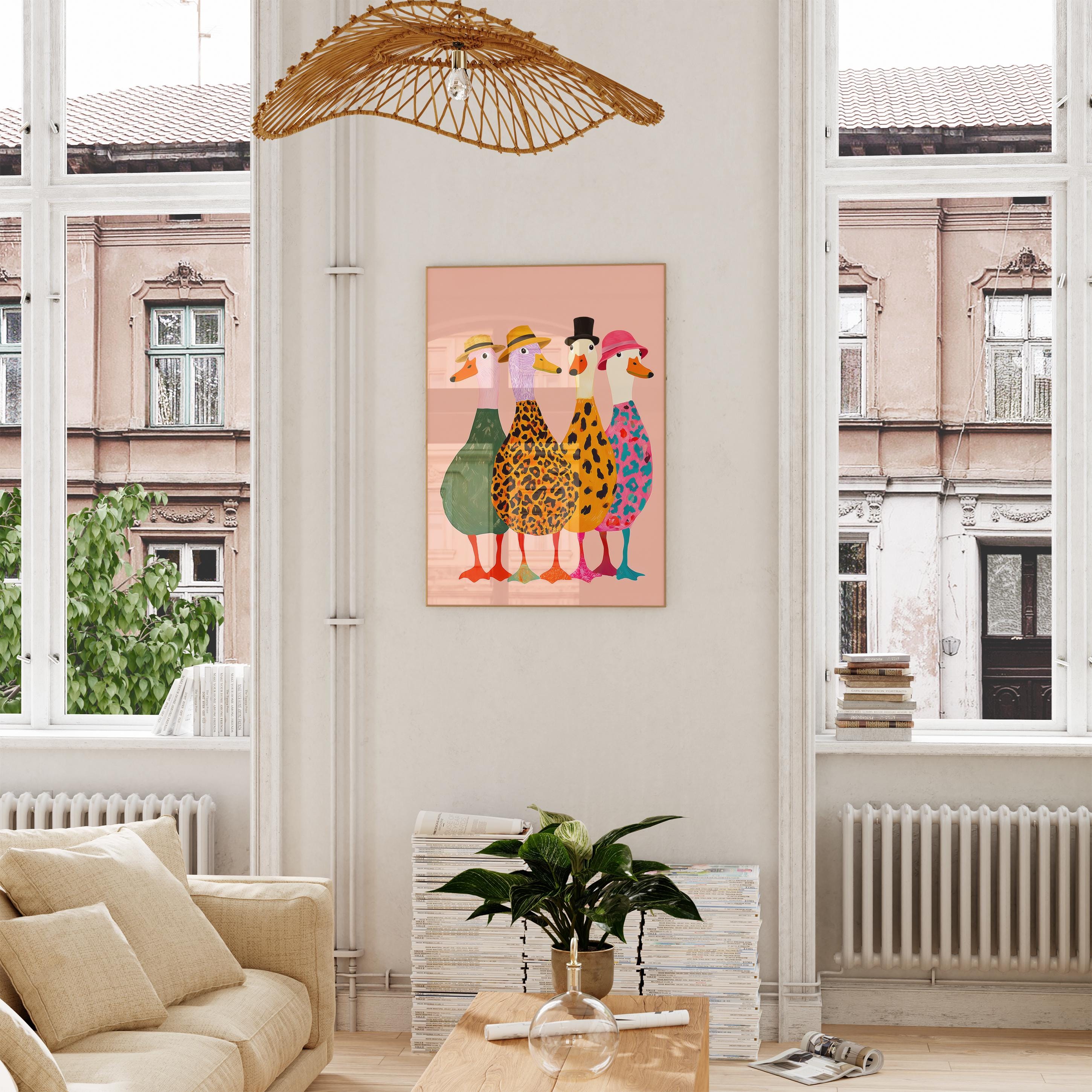 Funny Ducks with Hats Wall Art Print – Colorful Modern Animal Poster Decor