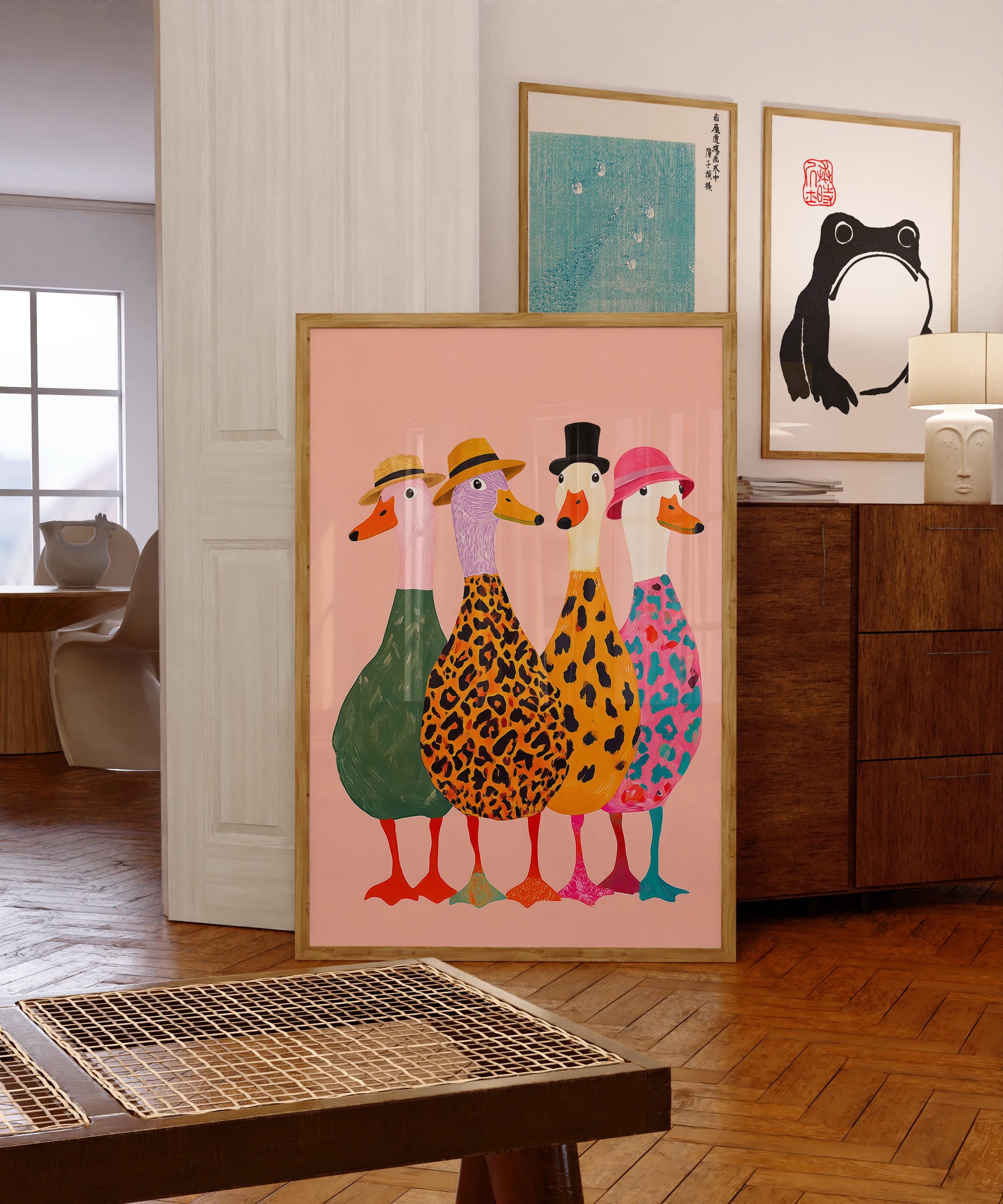 Funny Ducks with Hats Wall Art Print – Colorful Modern Animal Poster Decor