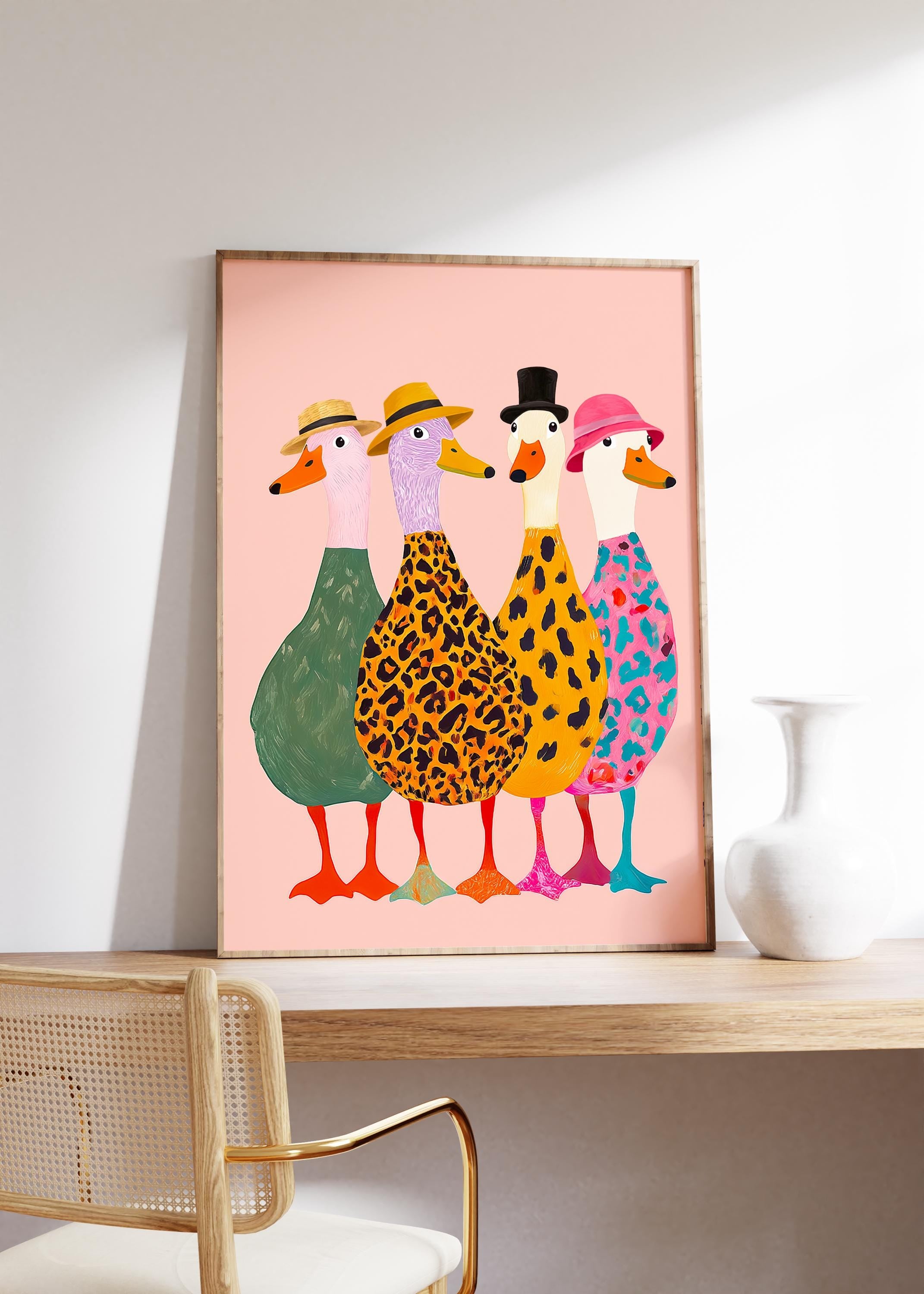 Funny Ducks with Hats Wall Art Print – Colorful Modern Animal Poster Decor