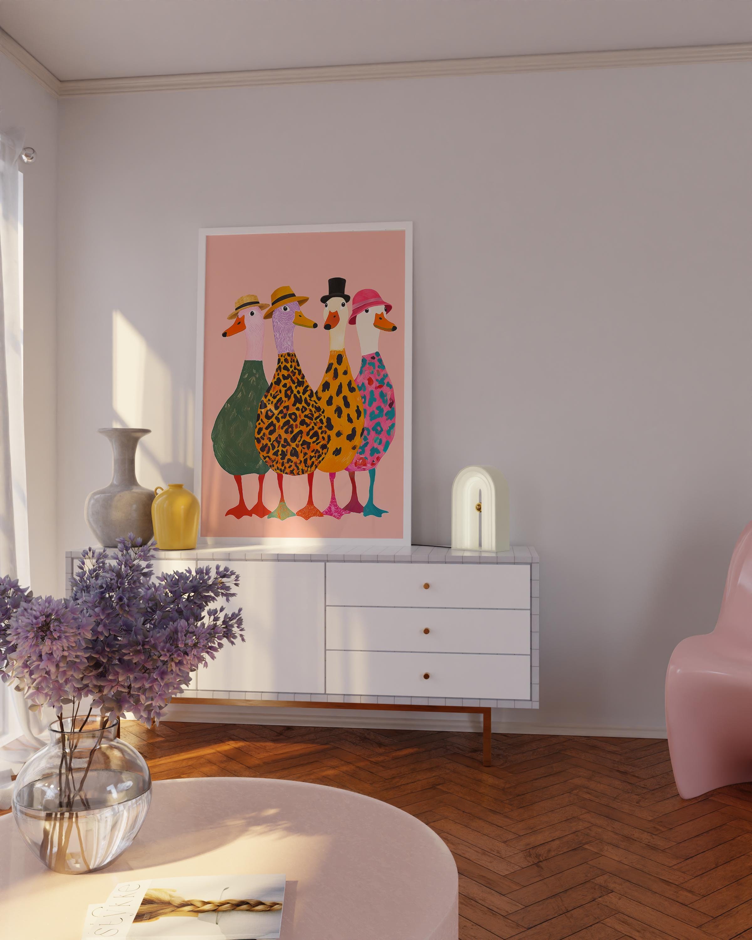 Funny Ducks with Hats Wall Art Print – Colorful Modern Animal Poster Decor