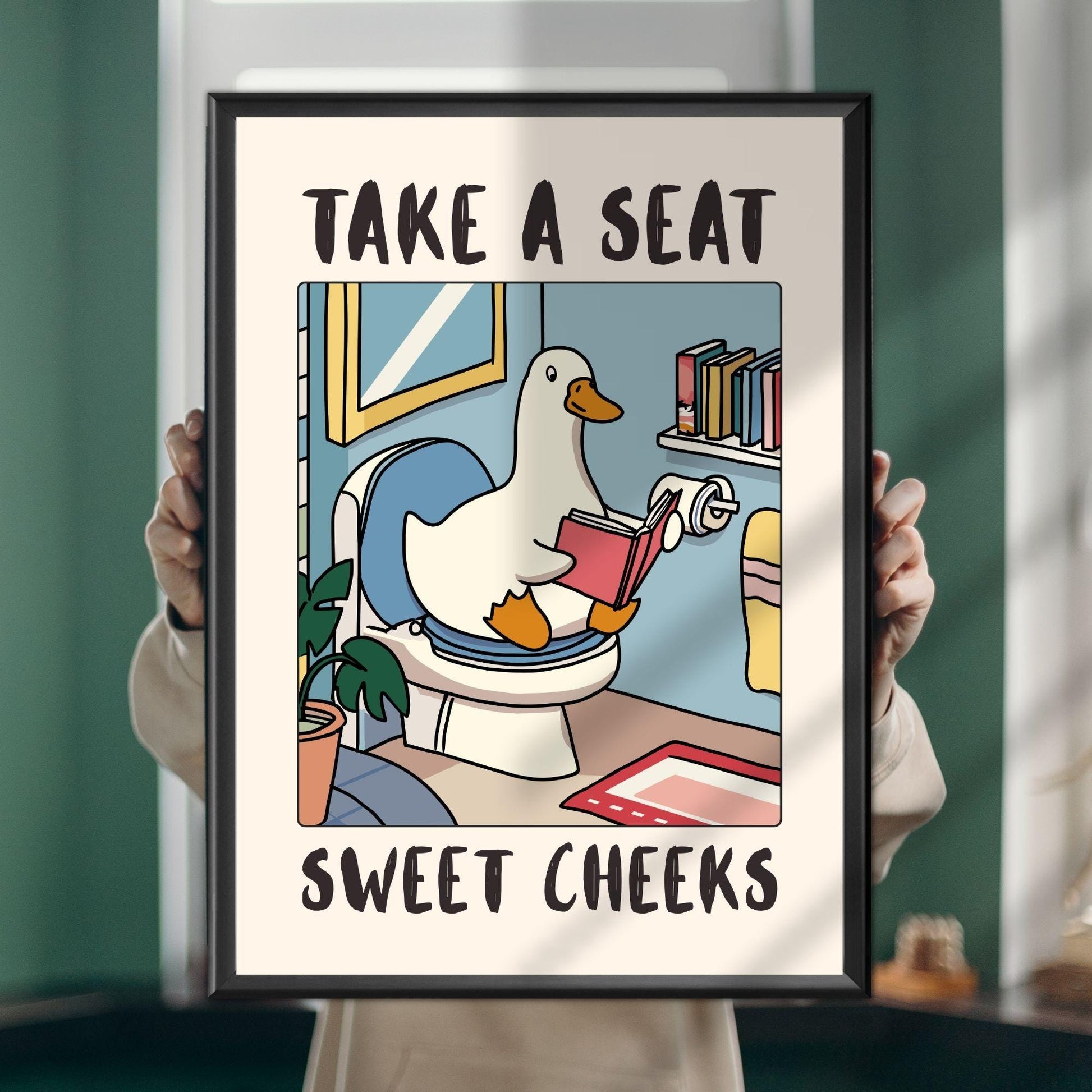 Funny Goose Bathroom Wall Art Print – “Take a Seat Sweet Cheeks” Poster
