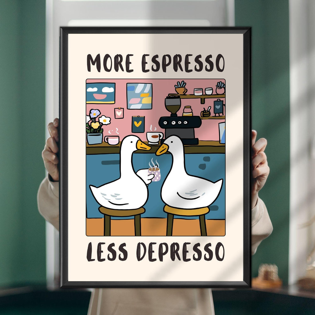 Funny Goose Coffee Wall Art Print – “More Espresso Less Depresso” Poster