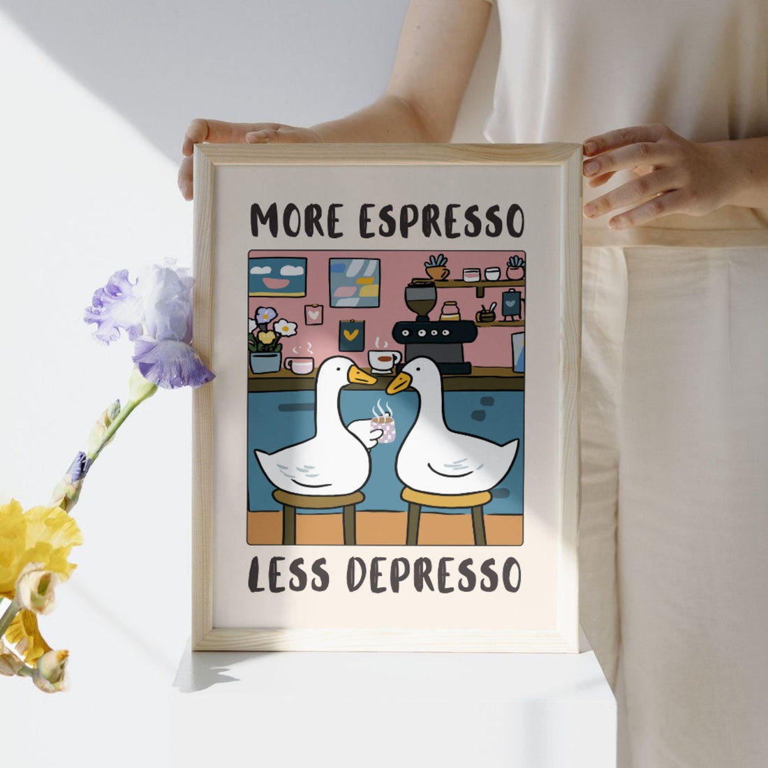 Funny Goose Coffee Wall Art Print – “More Espresso Less Depresso” Poster