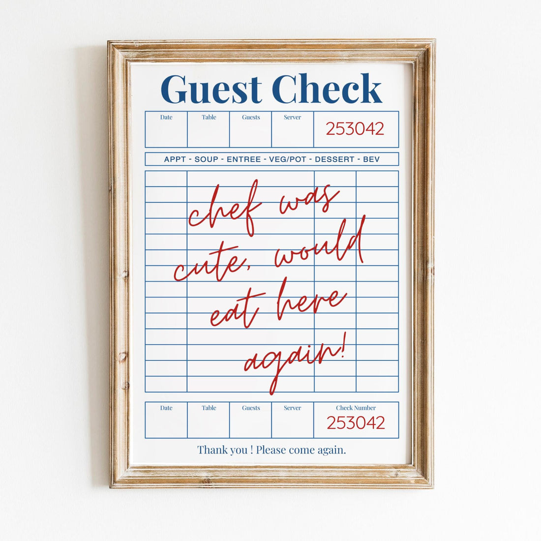 Funny Guest Check Wall Art Poster – Trendy Chef Quote Kitchen Decor Print