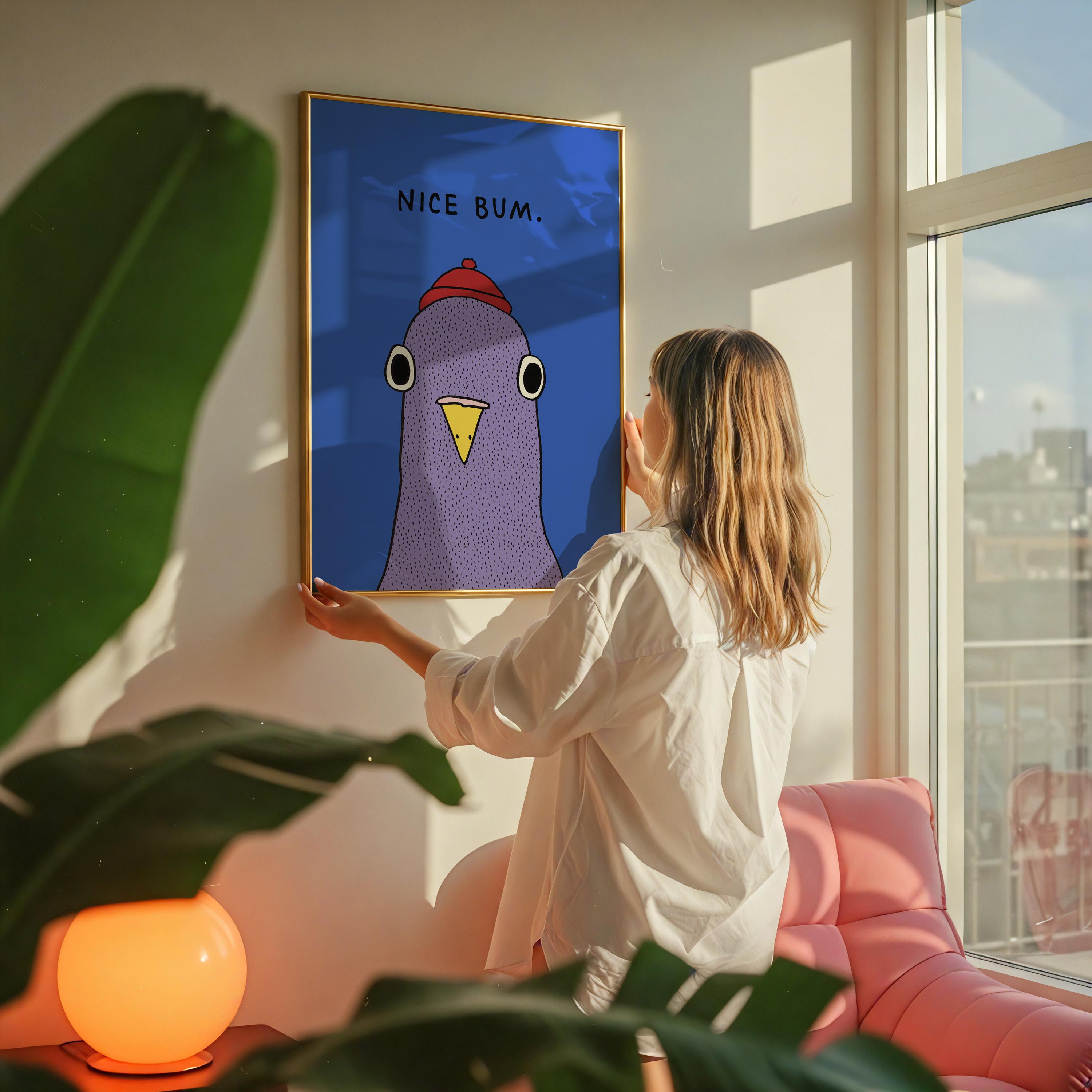 Funny Pigeon Bathroom Wall Art Print – “Nice Bum” Retro Humor Poster