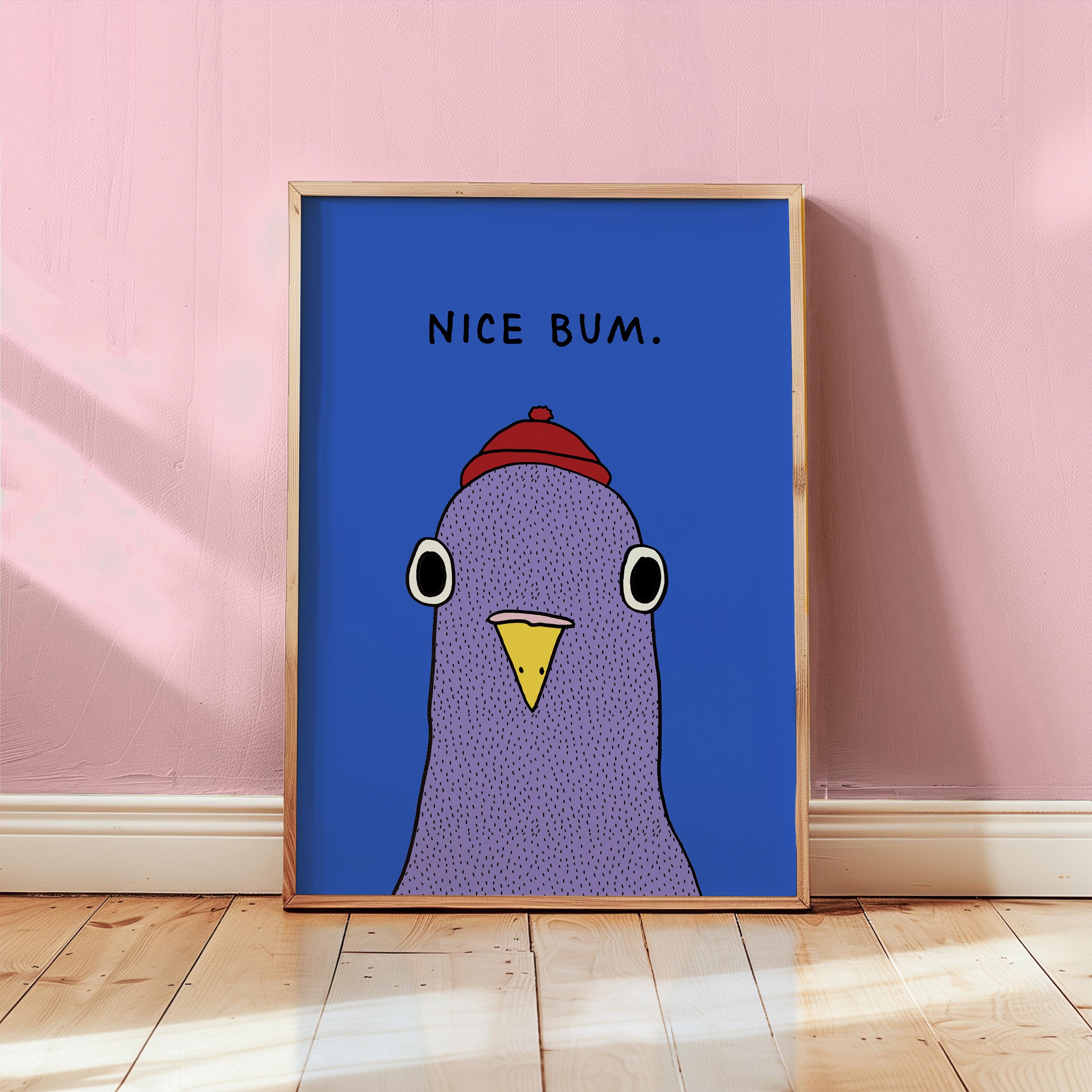Funny Pigeon Bathroom Wall Art Print – “Nice Bum” Retro Humor Poster