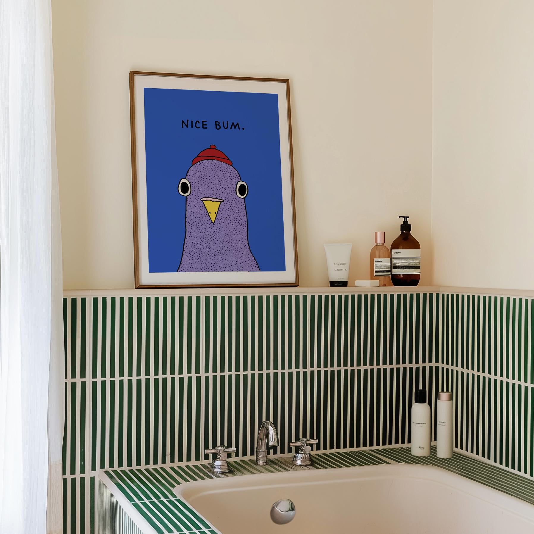 Funny Pigeon Bathroom Wall Art Print – “Nice Bum” Retro Humor Poster