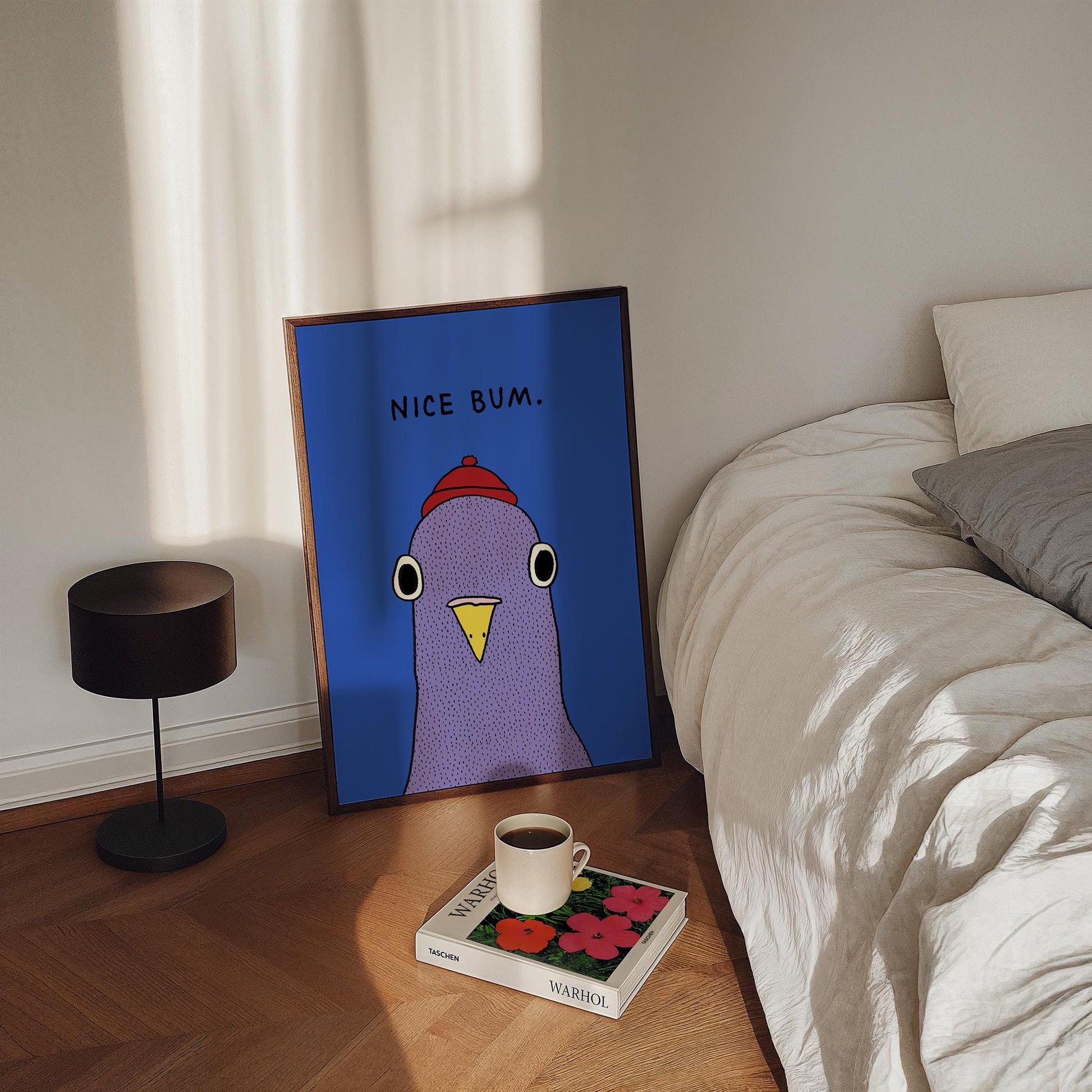Funny Pigeon Bathroom Wall Art Print – “Nice Bum” Retro Humor Poster