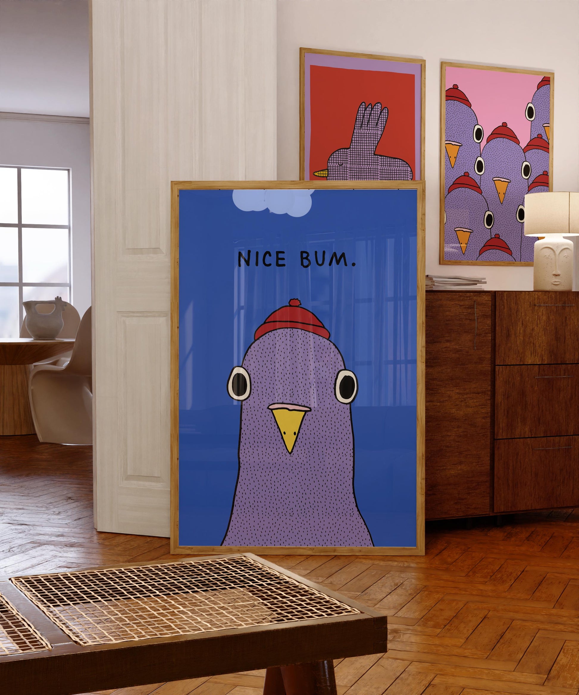 Funny Pigeon Bathroom Wall Art Print – “Nice Bum” Retro Humor Poster
