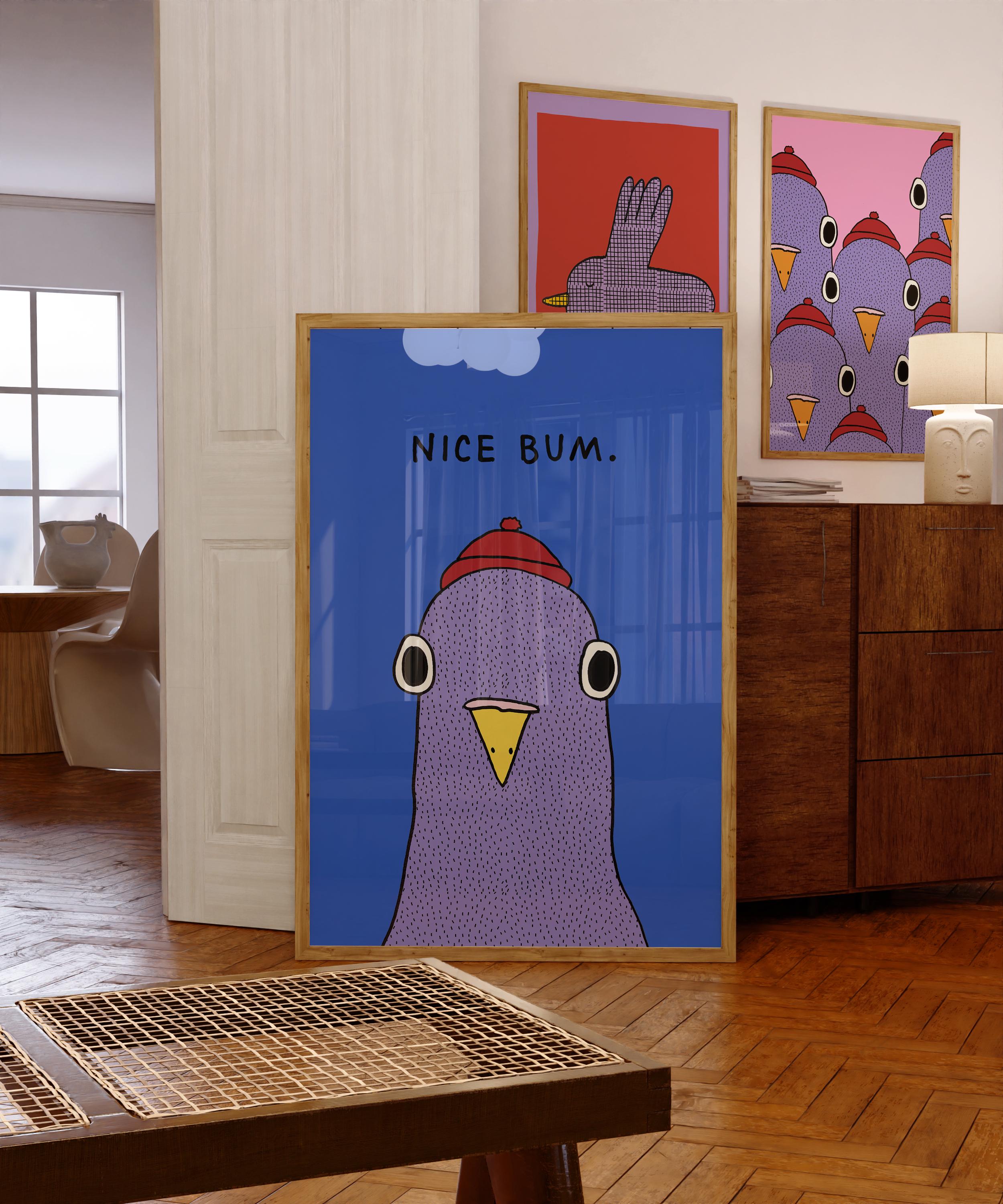 Funny Pigeon Bathroom Wall Art Print – “Nice Bum” Retro Humor Poster