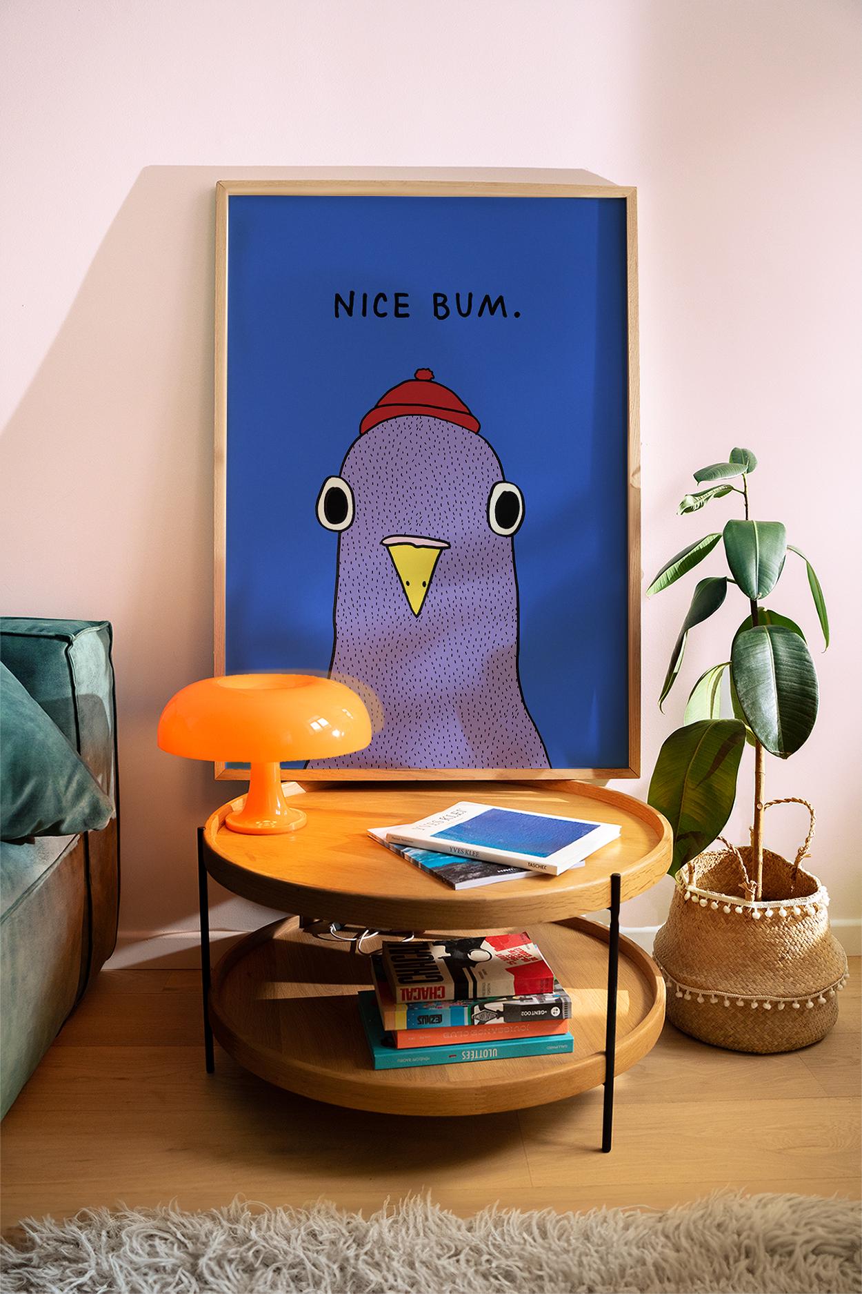 Funny Pigeon Bathroom Wall Art Print – “Nice Bum” Retro Humor Poster