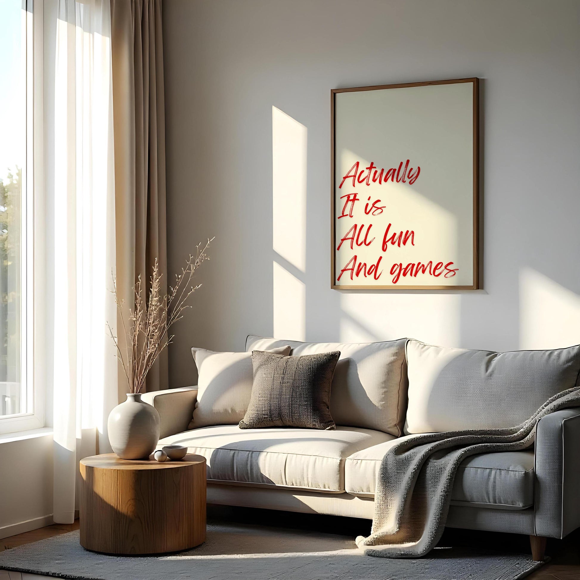 Funny Quote Wall Art Print – Actually It Is All Fun and Games Red Brush Poster