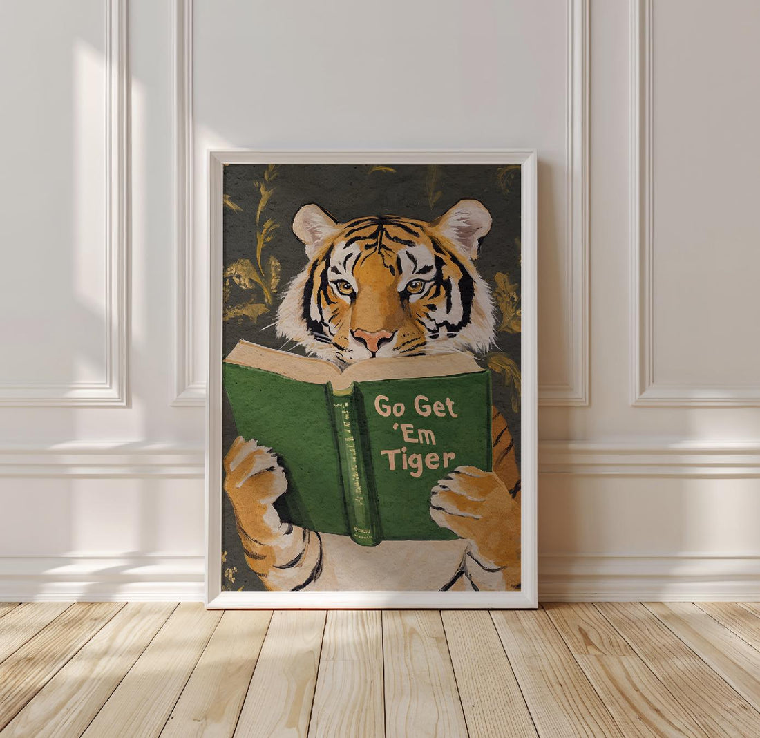 Funny Tiger Reading Wall Art Print – Motivational Book Lover Decor for Office or Study