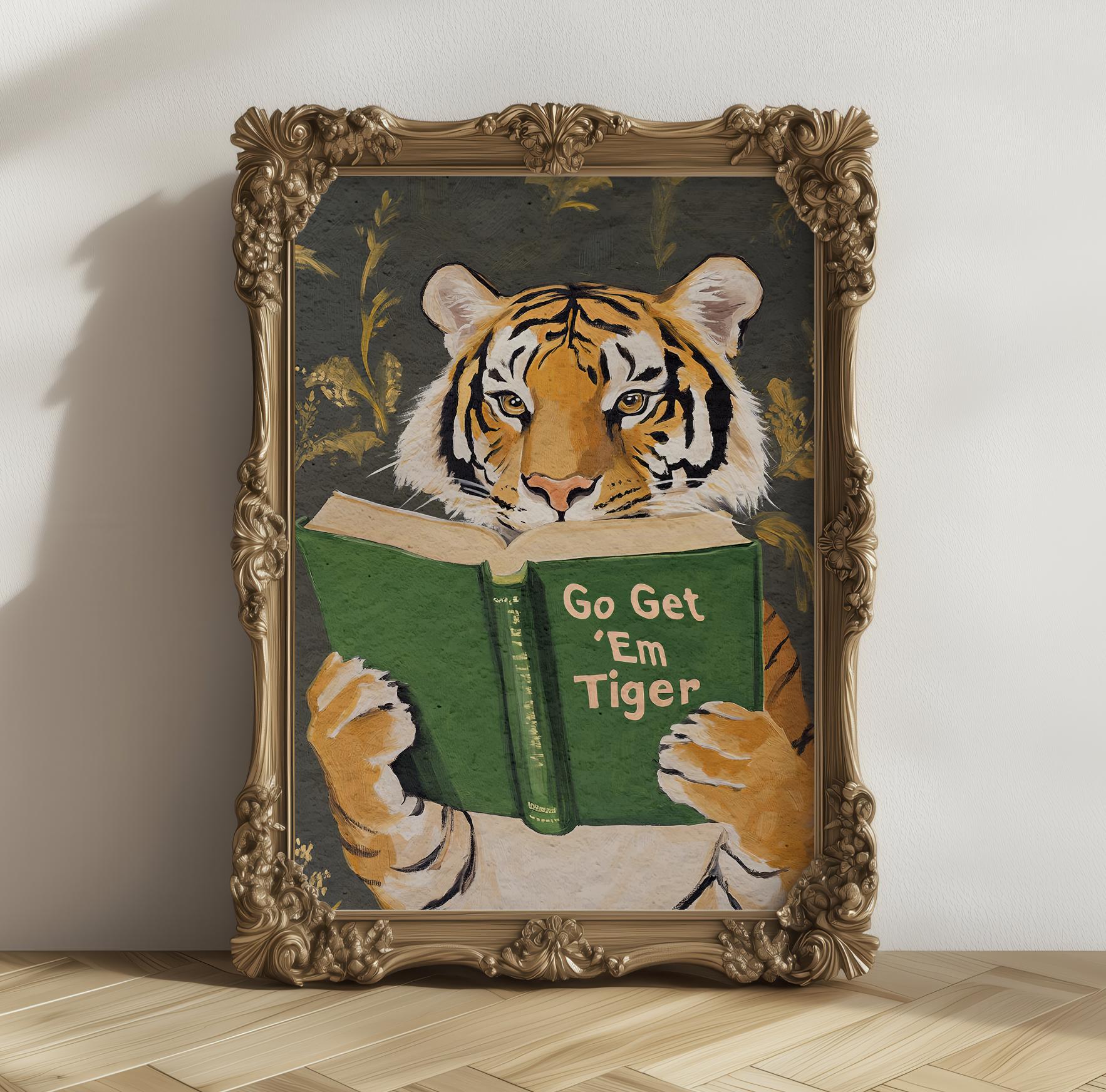 Funny Tiger Reading Wall Art Print – Motivational Book Lover Decor for Office or Study