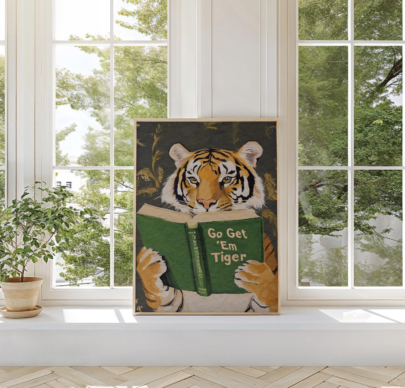 Funny Tiger Reading Wall Art Print – Motivational Book Lover Decor for Office or Study