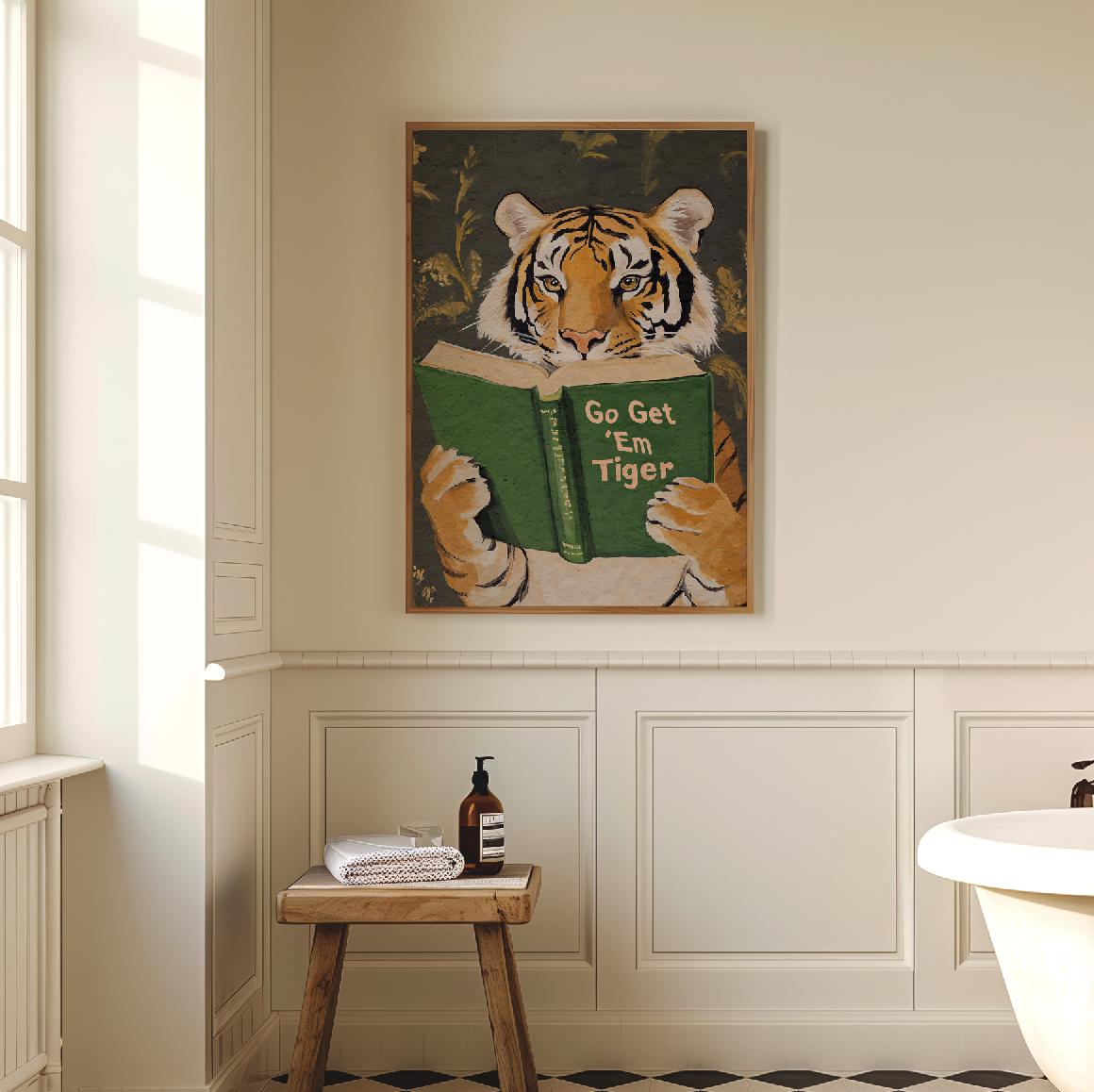 Funny Tiger Reading Wall Art Print – Motivational Book Lover Decor for Office or Study