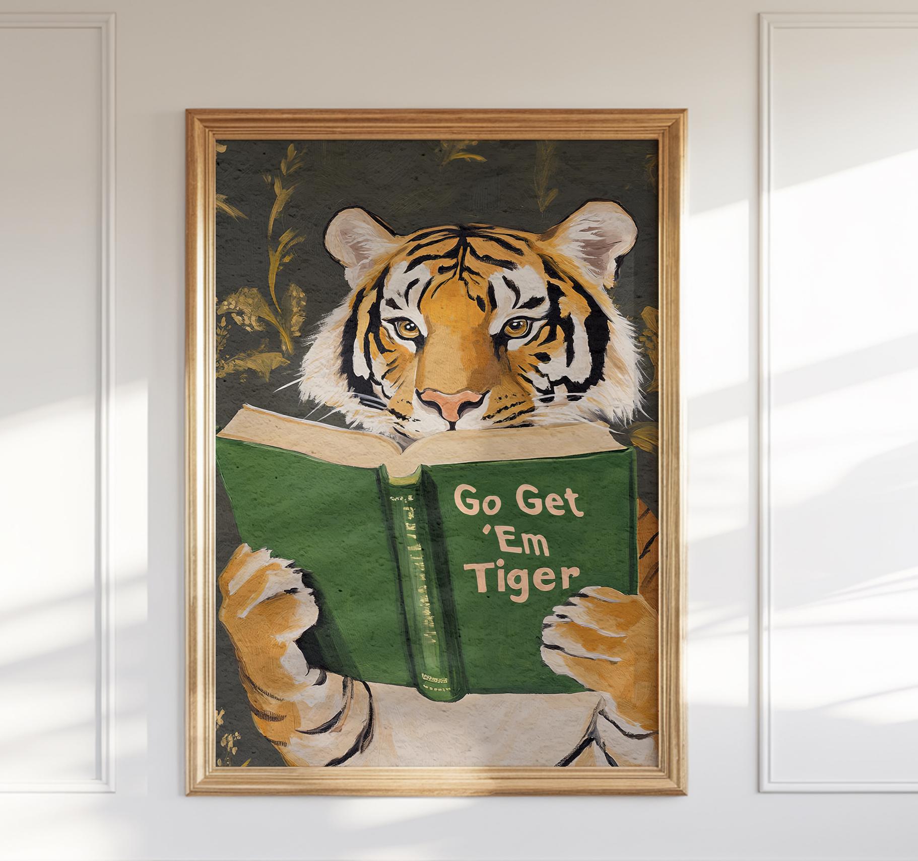 Funny Tiger Reading Wall Art Print – Motivational Book Lover Decor for Office or Study