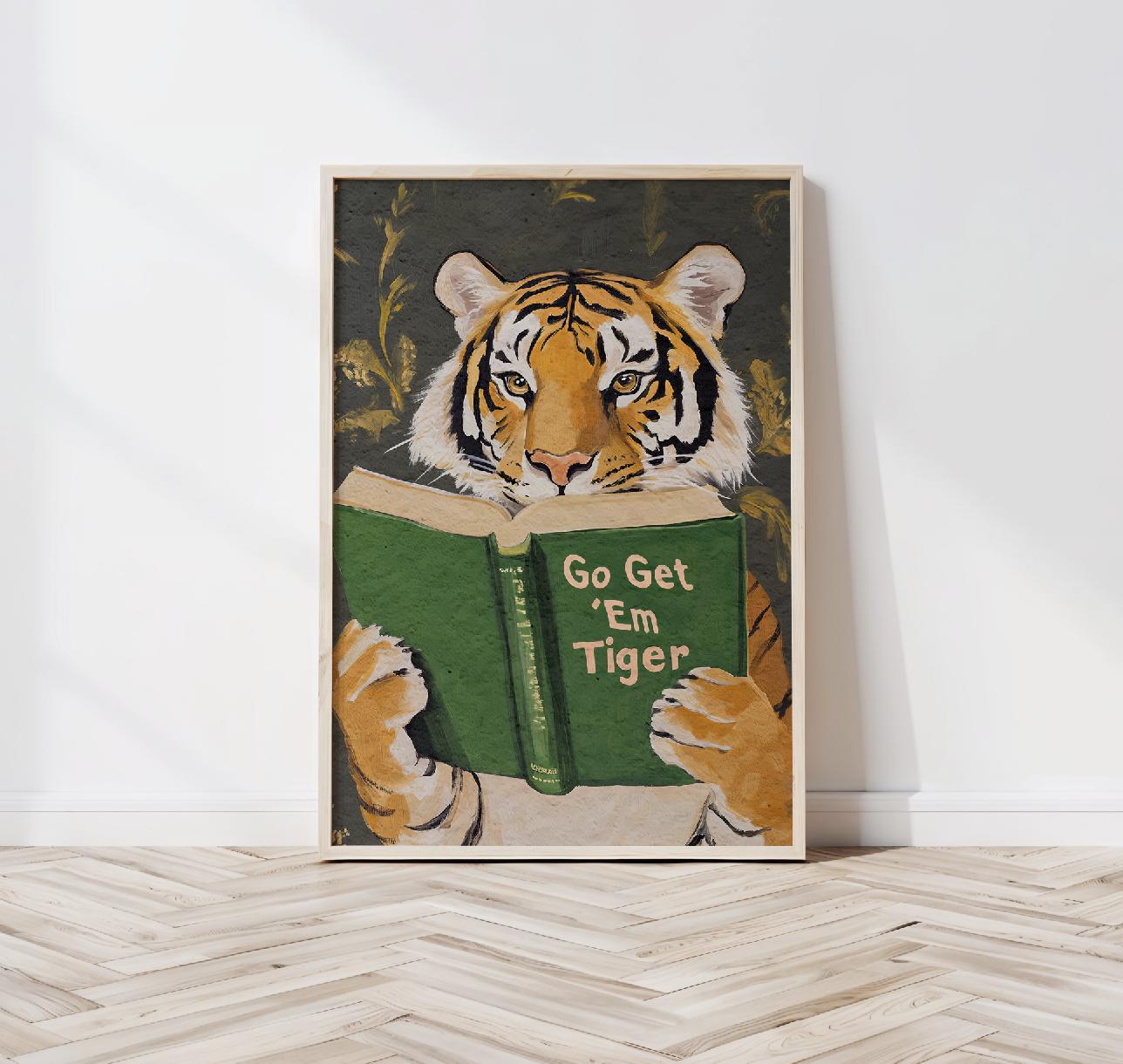 Funny Tiger Reading Wall Art Print – Motivational Book Lover Decor for Office or Study