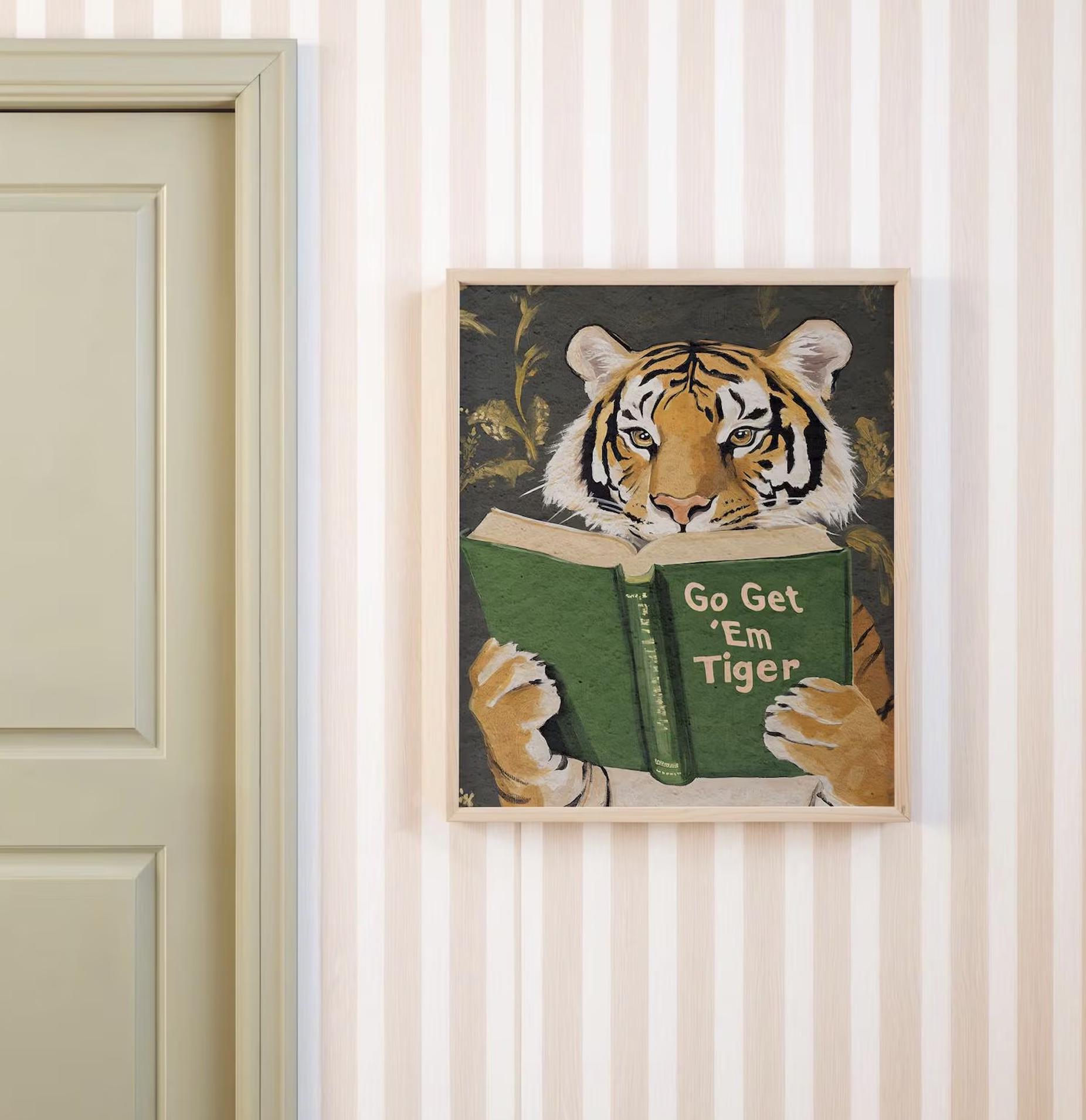 Funny Tiger Reading Wall Art Print – Motivational Book Lover Decor for Office or Study