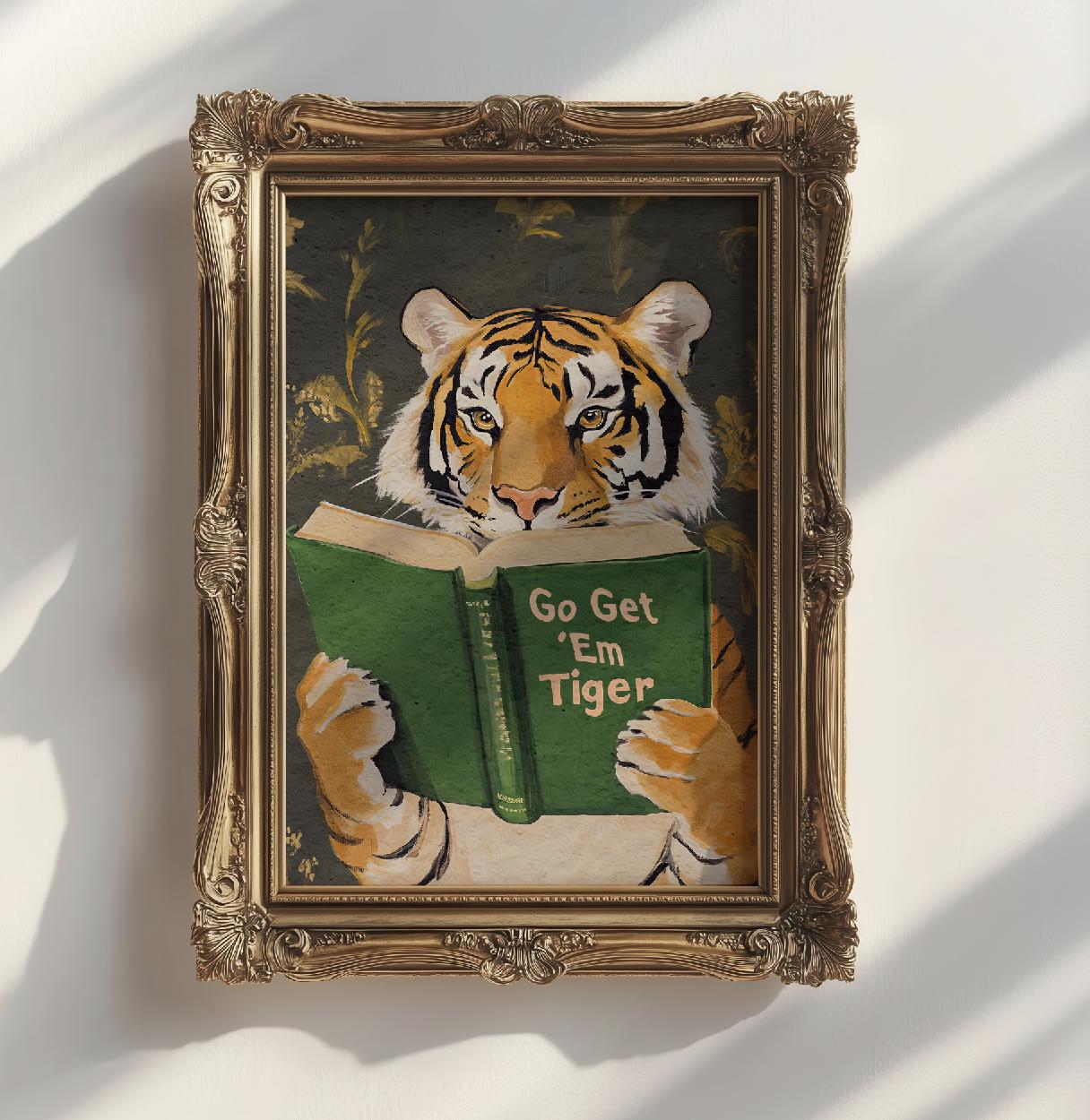 Funny Tiger Reading Wall Art Print – Motivational Book Lover Decor for Office or Study
