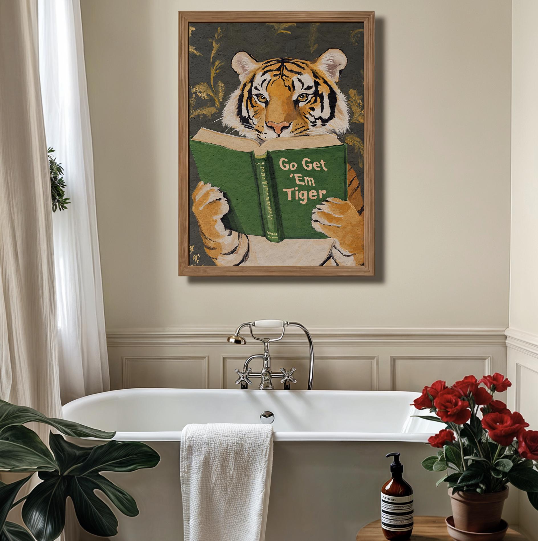 Funny Tiger Reading Wall Art Print – Motivational Book Lover Decor for Office or Study
