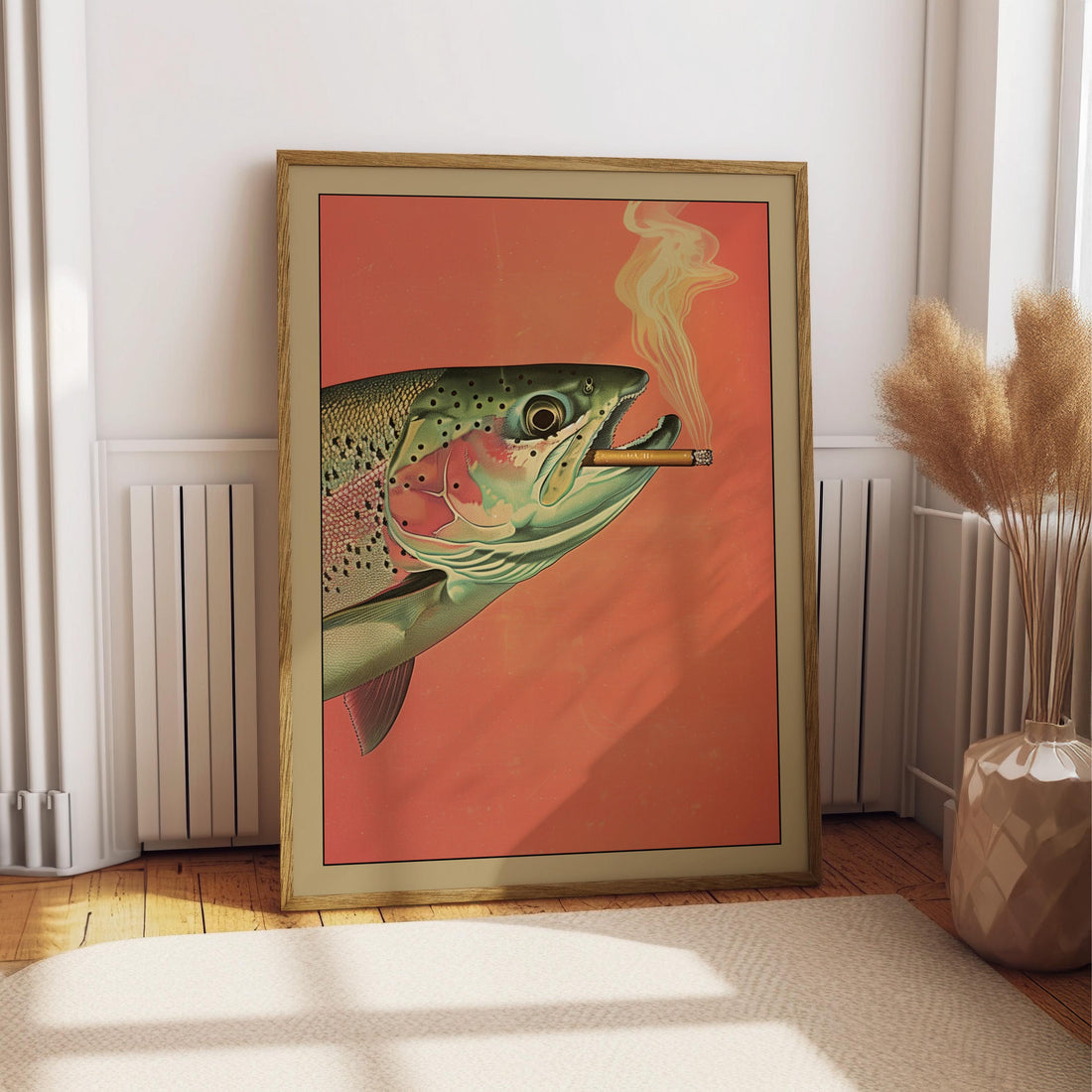 Funny Trout Smoking Cigarette Wall Art Print – Vintage Retro Fisherman Cabin Decor