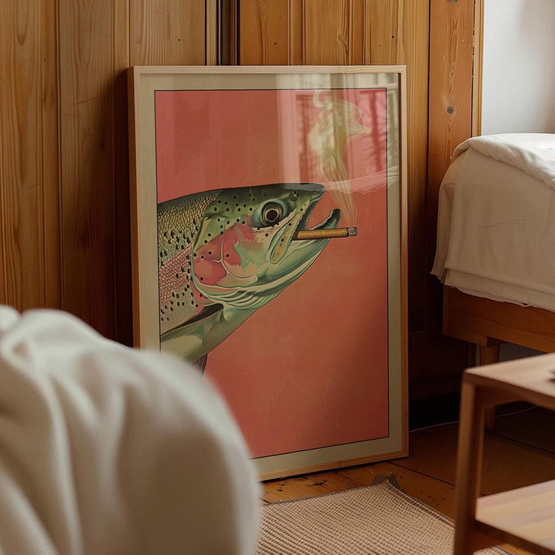 Funny Trout Smoking Cigarette Wall Art Print – Vintage Retro Fisherman Cabin Decor