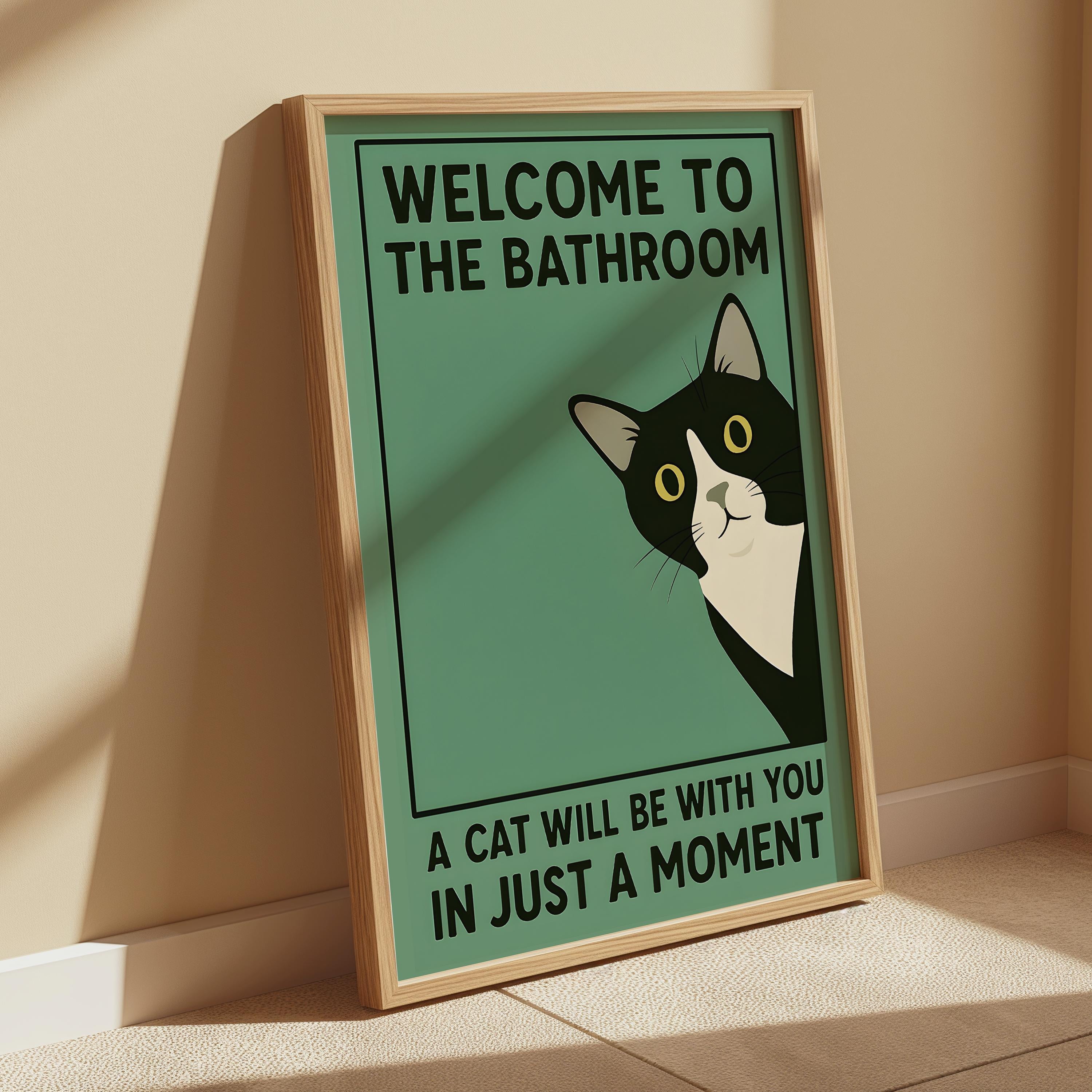 Funny Tuxedo Cat Bathroom Wall Art Print – Quirky Vintage Style Poster