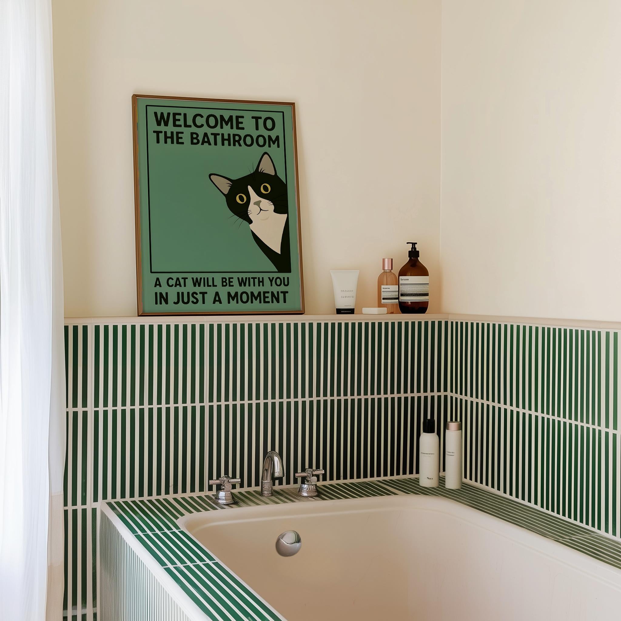 Funny Tuxedo Cat Bathroom Wall Art Print – Quirky Vintage Style Poster
