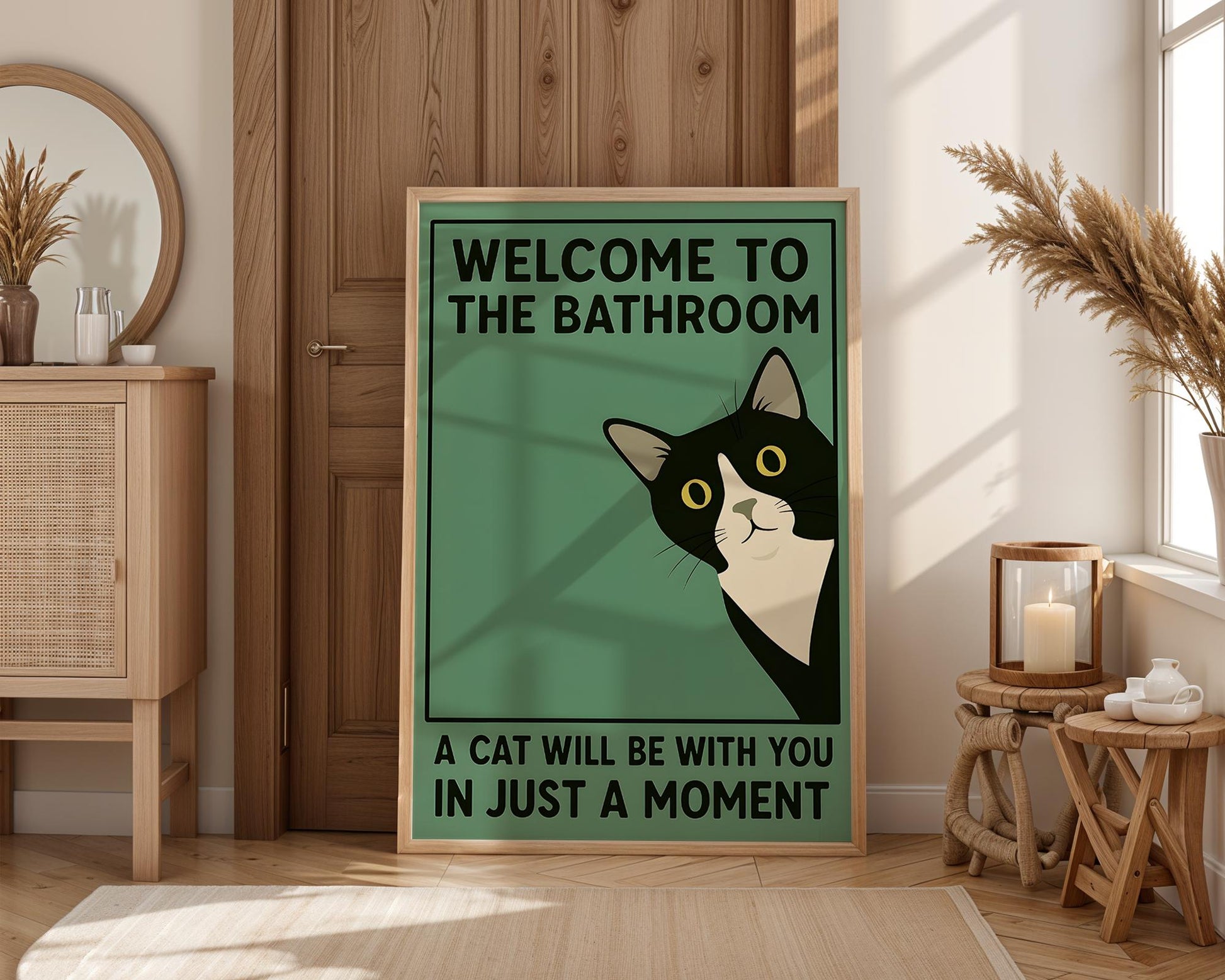 Funny Tuxedo Cat Bathroom Wall Art Print – Quirky Vintage Style Poster