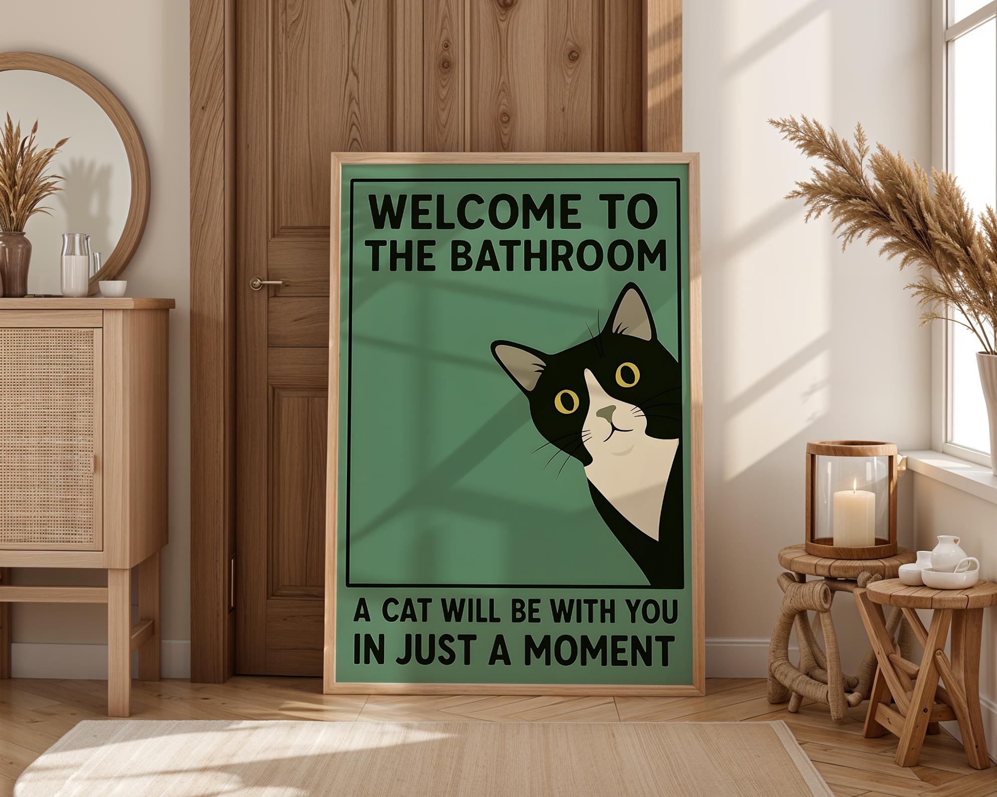 Funny Tuxedo Cat Bathroom Wall Art Print – Quirky Vintage Style Poster