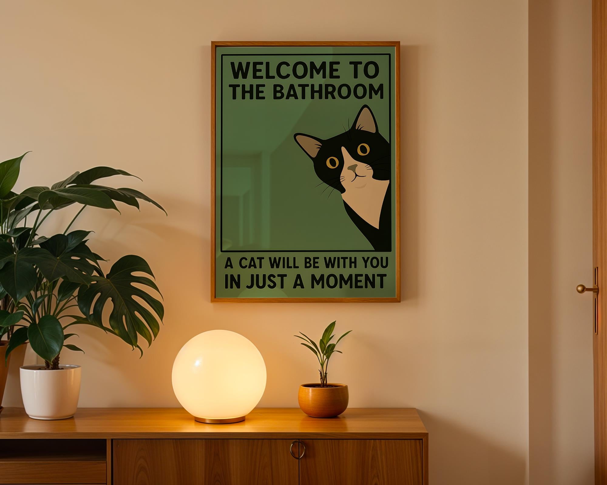 Funny Tuxedo Cat Bathroom Wall Art Print – Quirky Vintage Style Poster