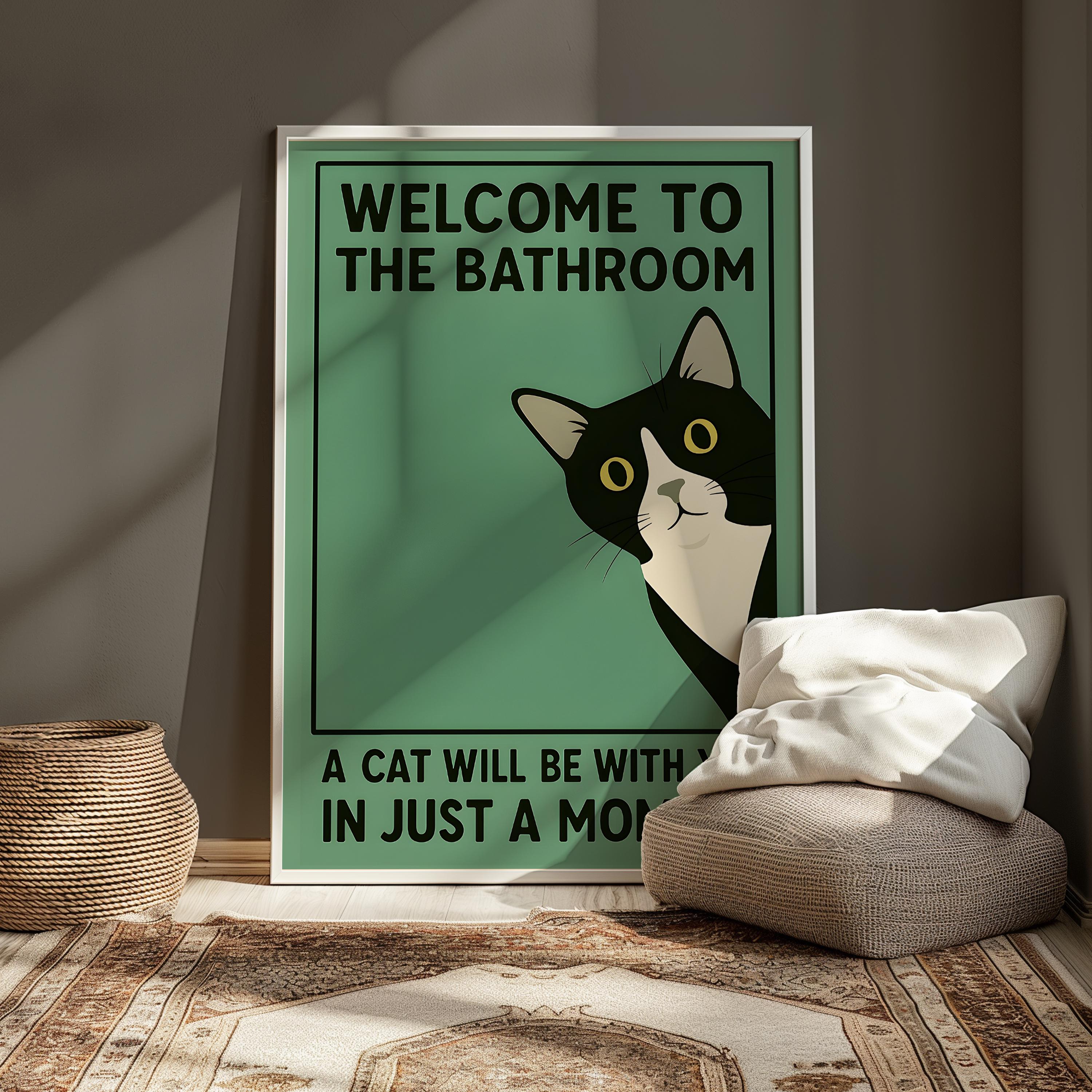 Funny Tuxedo Cat Bathroom Wall Art Print – Quirky Vintage Style Poster