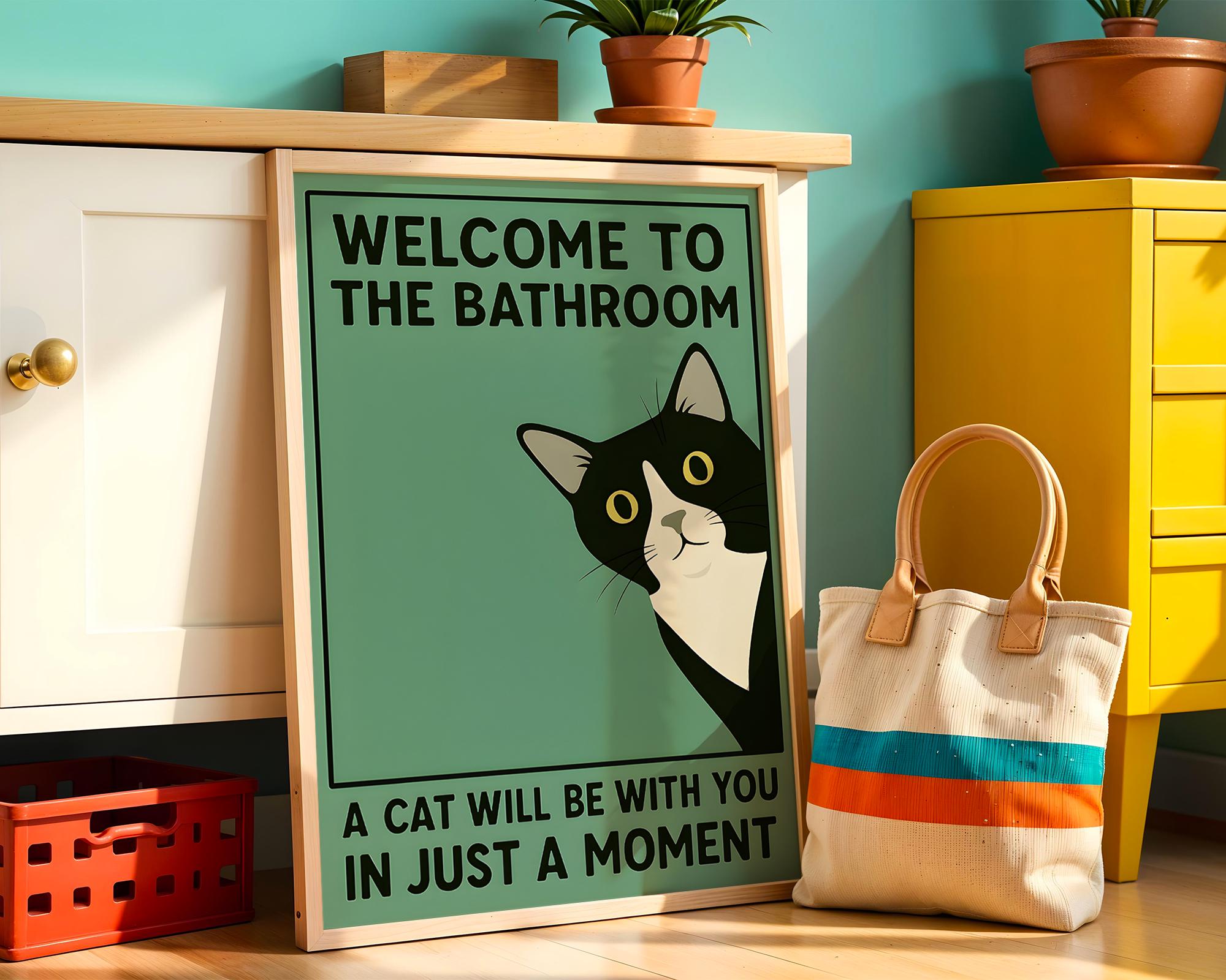 Funny Tuxedo Cat Bathroom Wall Art Print – Quirky Vintage Style Poster