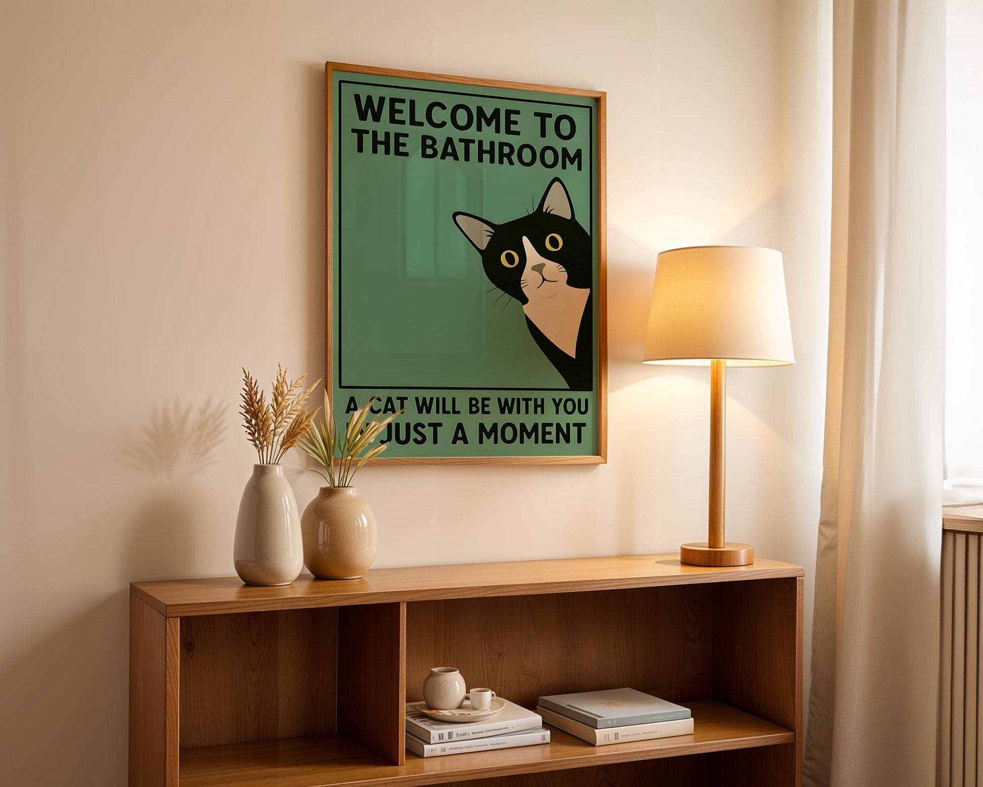 Funny Tuxedo Cat Bathroom Wall Art Print – Quirky Vintage Style Poster