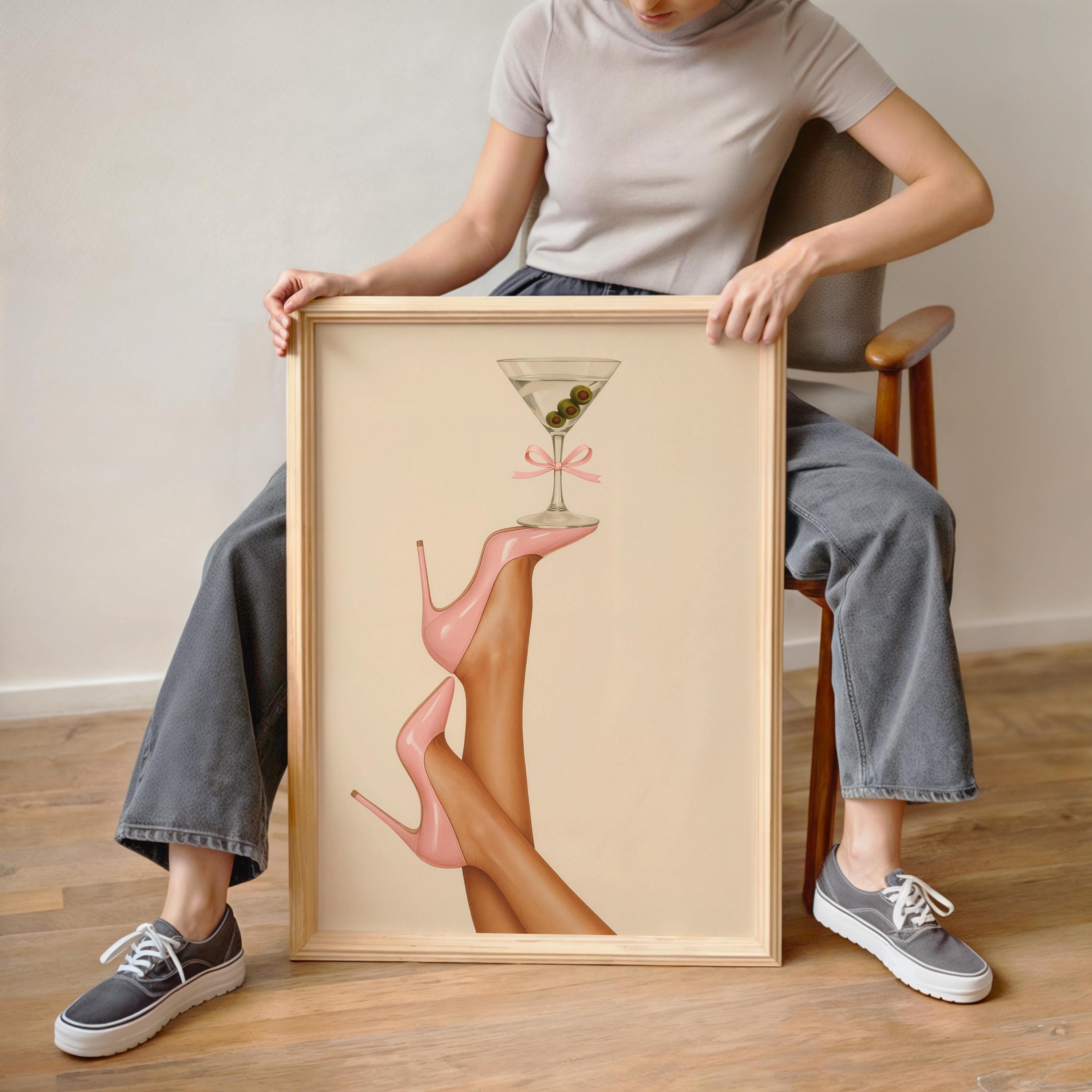 Glam Pink High Heels Martini Wall Art – Fashion Bar Decor Poster Print