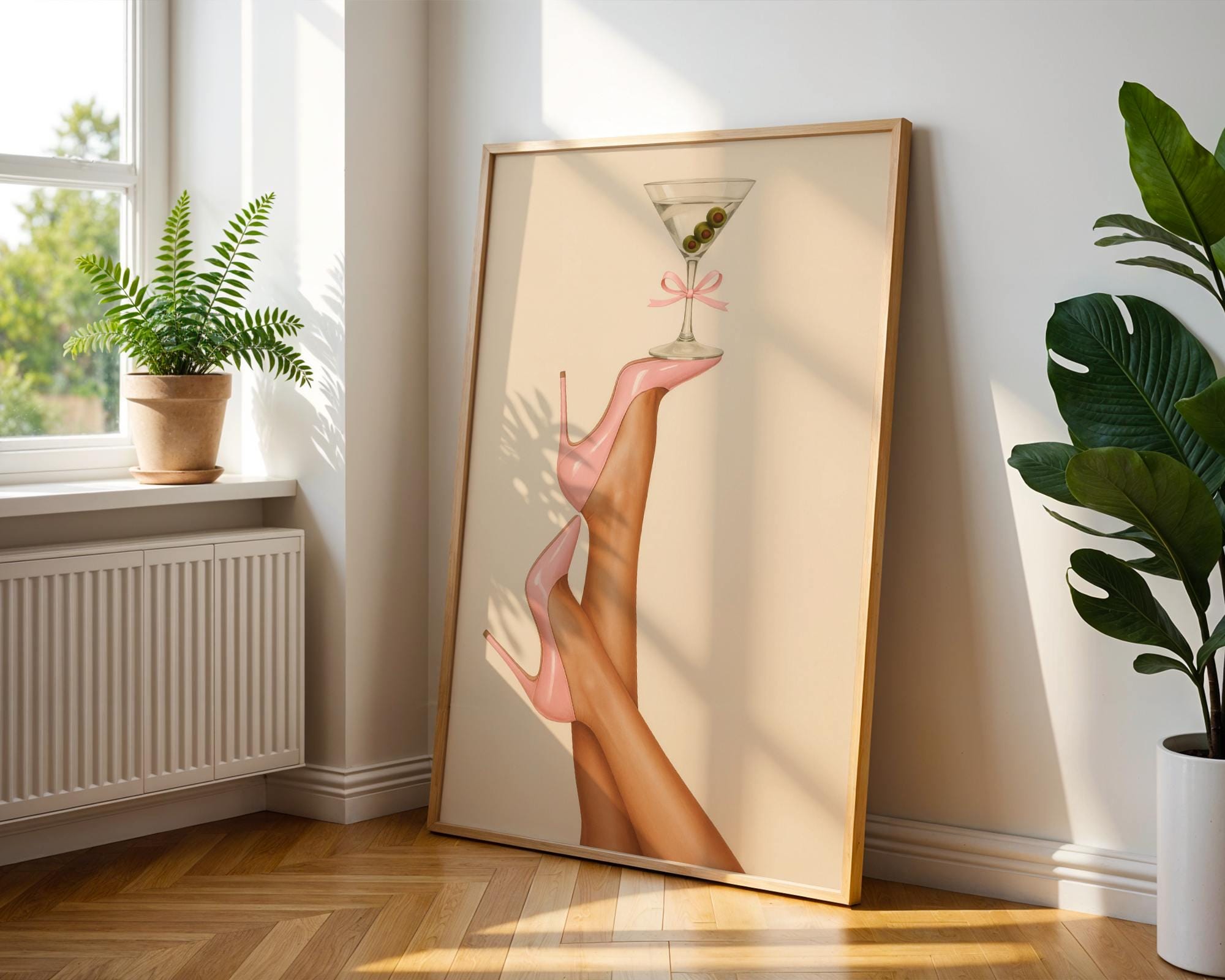 Glam Pink High Heels Martini Wall Art – Fashion Bar Decor Poster Print