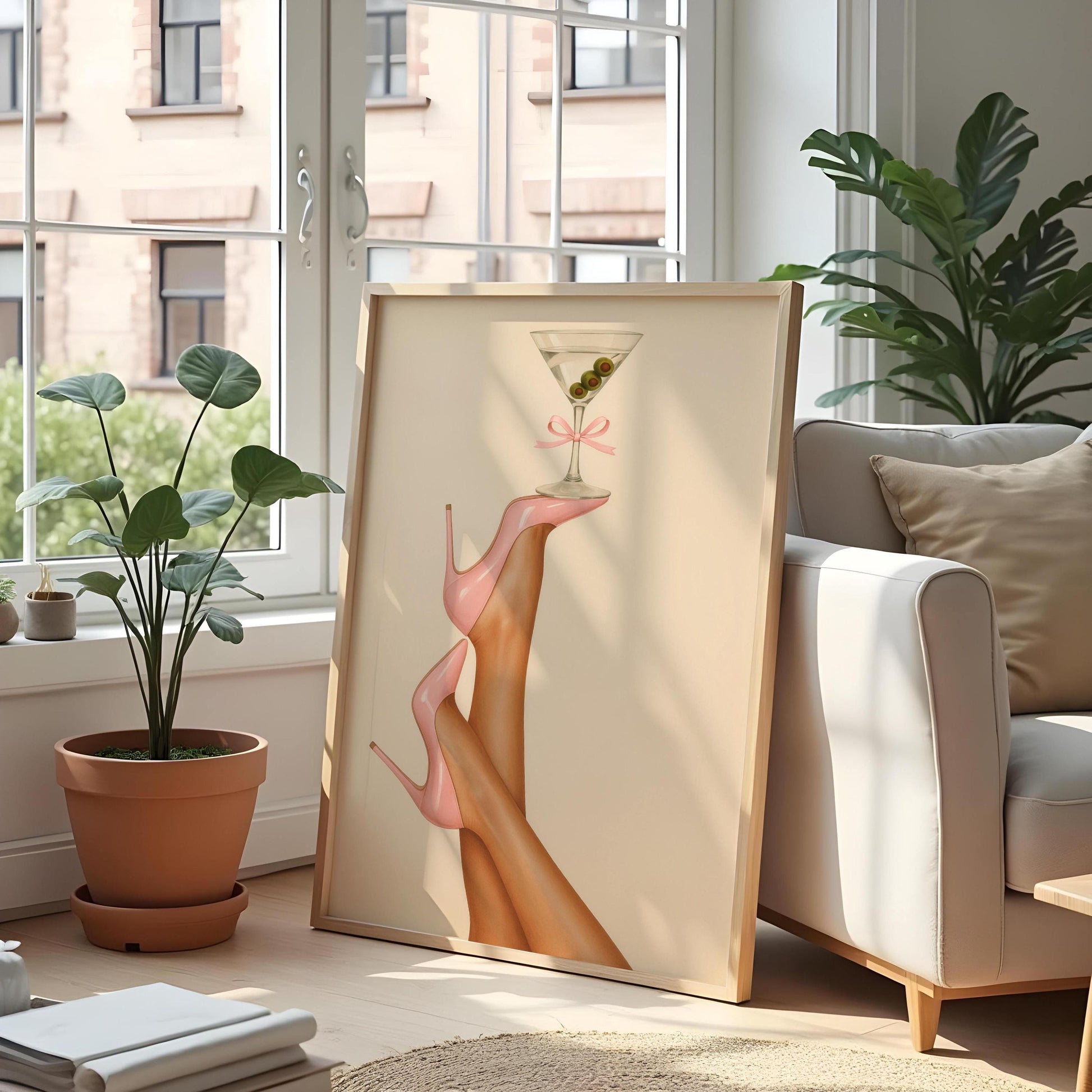 Glam Pink High Heels Martini Wall Art – Fashion Bar Decor Poster Print