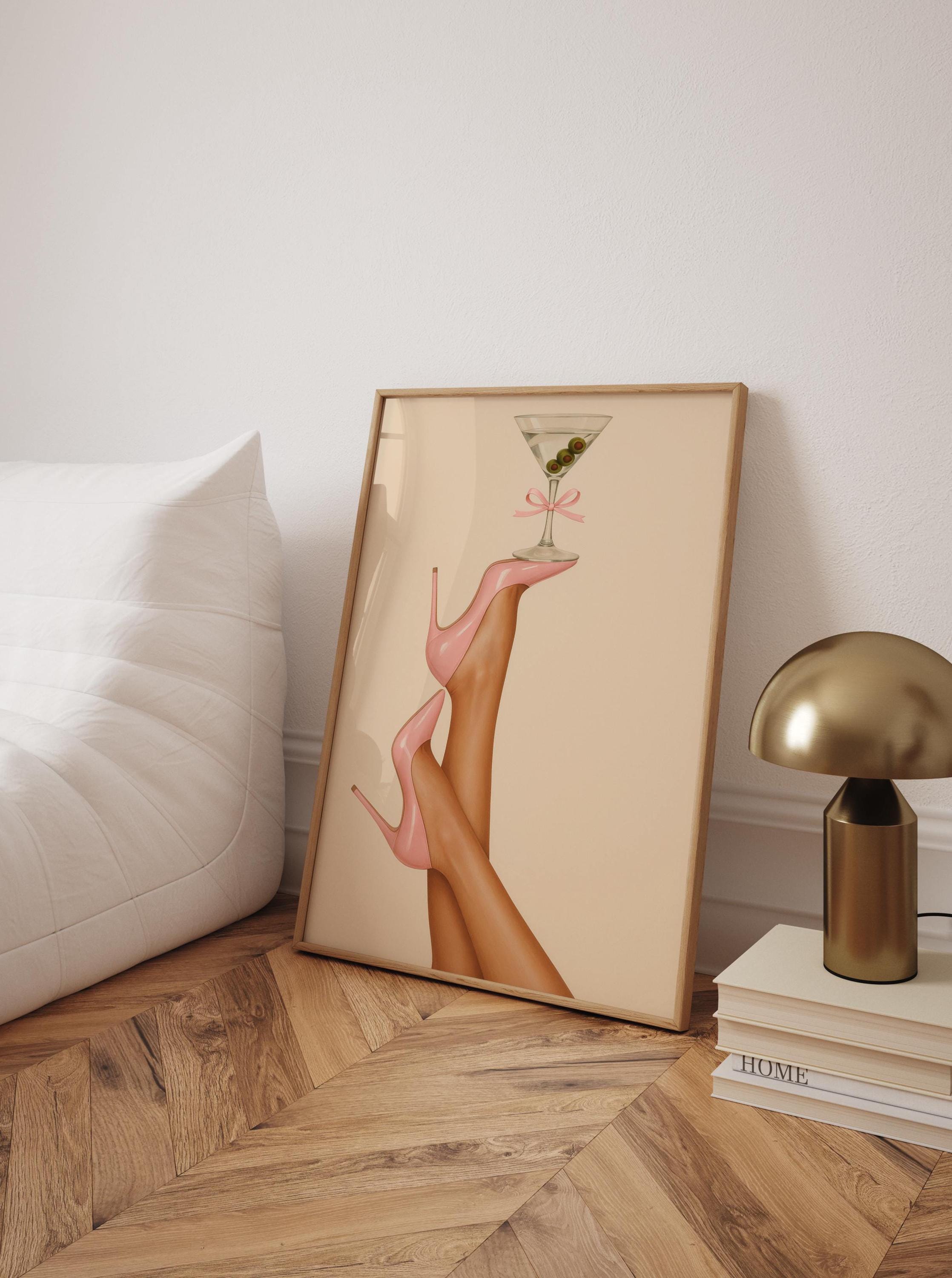 Glam Pink High Heels Martini Wall Art – Fashion Bar Decor Poster Print
