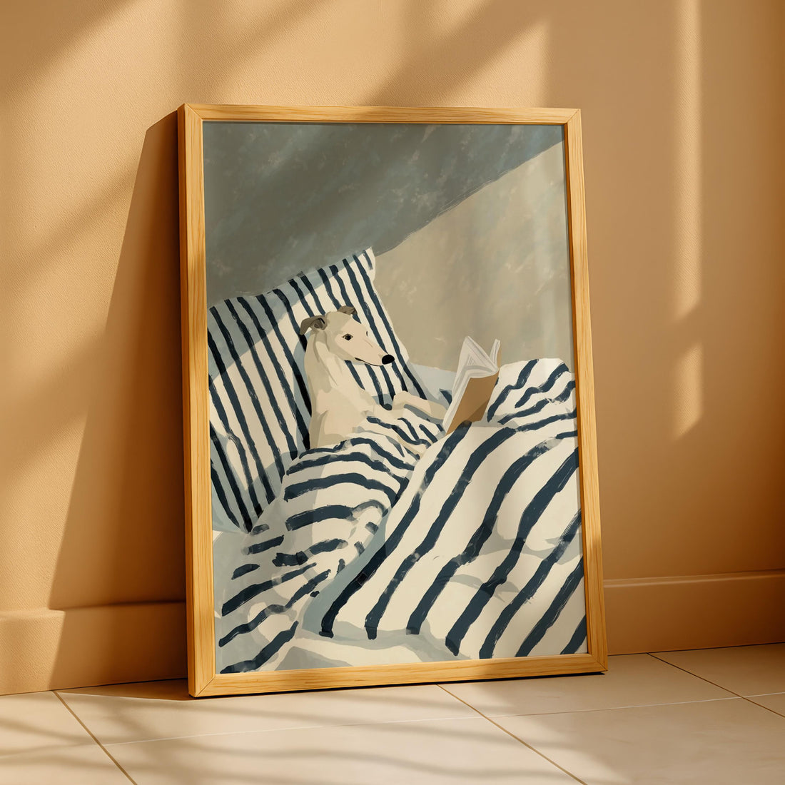 Greyhound Reading Wall Art Print – Funny Dog in Bed Book Lover Decor